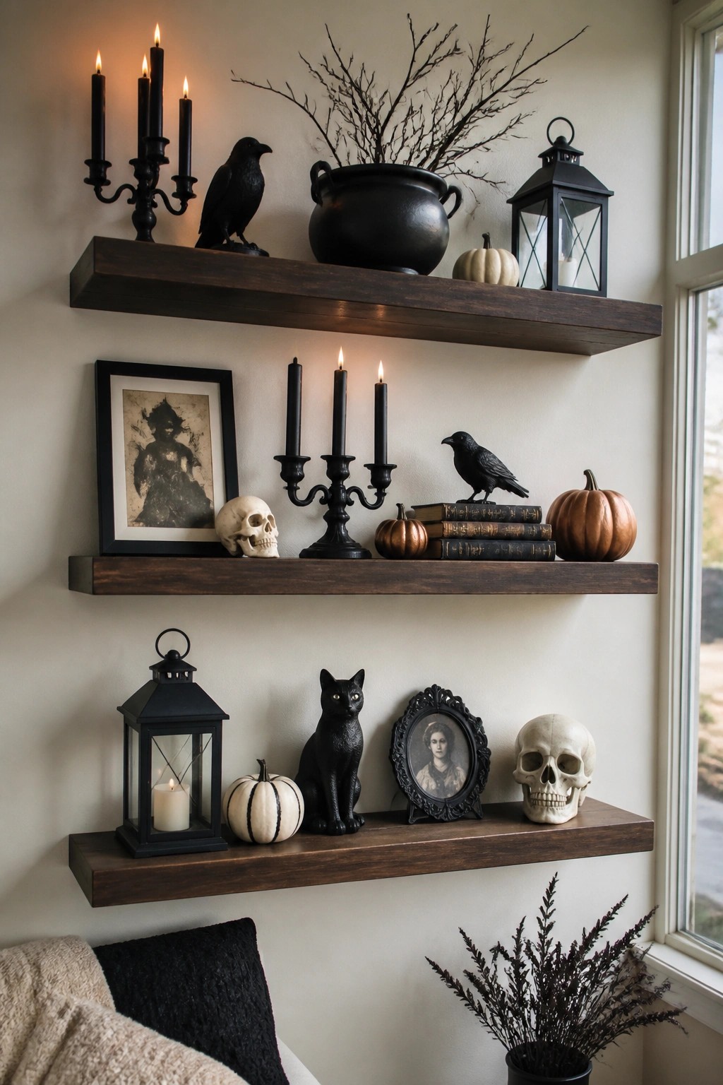 Three wooden floating shelves on a light wall holding skulls, black crows, a black cat figurine, black candles, pumpkins, and small framed photos.