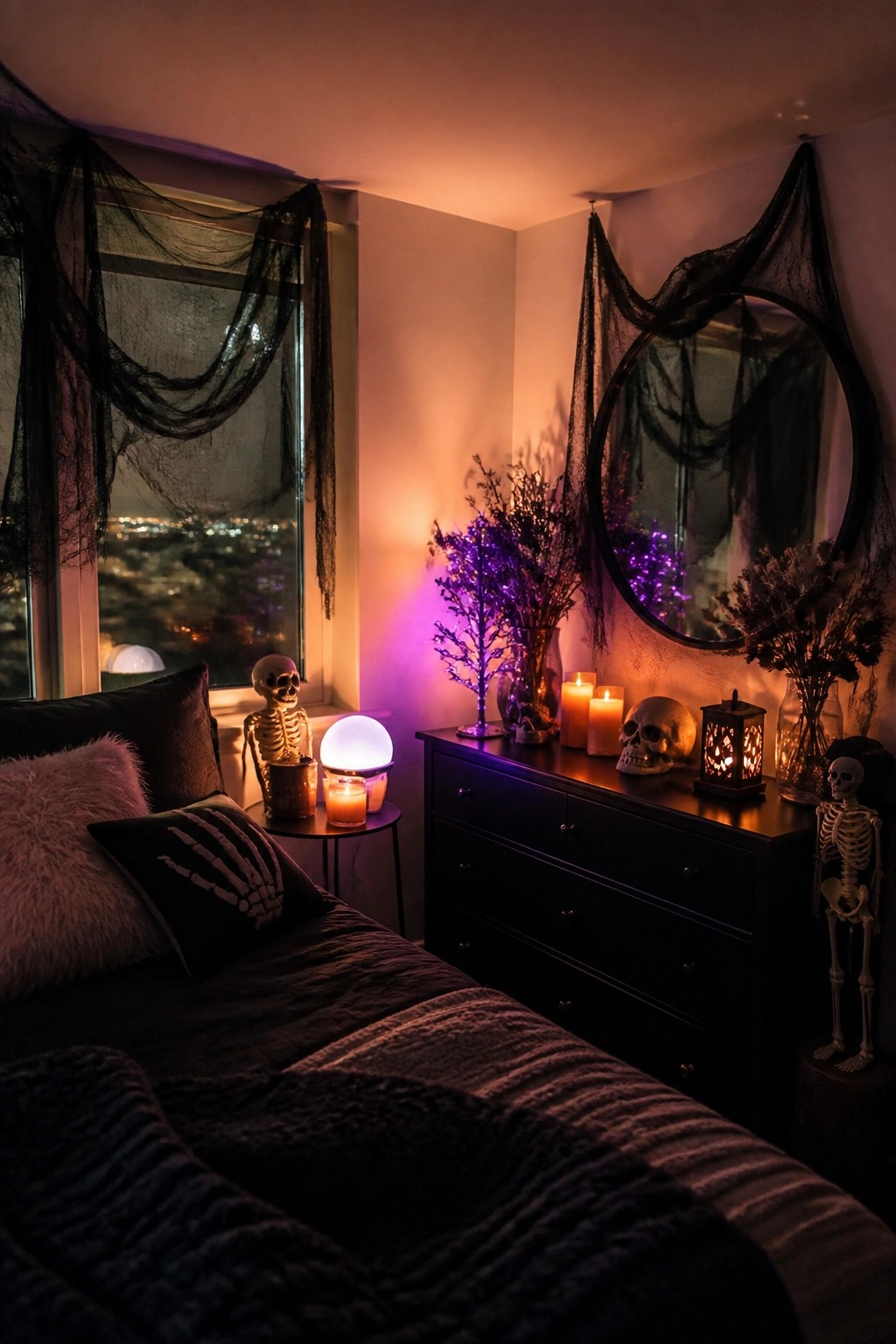 Bedroom with multiple small skeleton figures and skulls placed on a windowsill and black dresser, along with draped black fabric and lit candles.