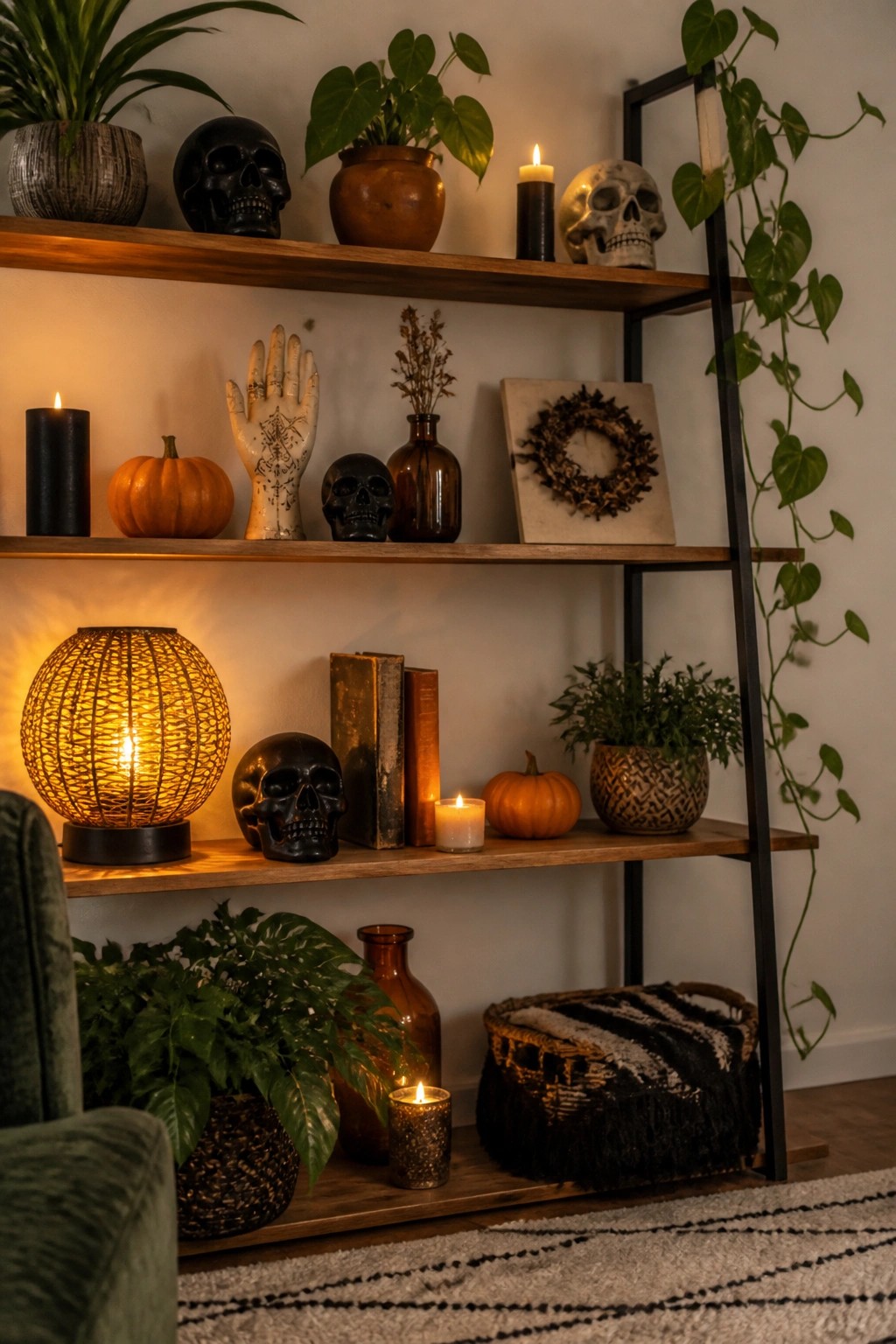 Open wooden shelves styled with multiple black skulls, black candles, a glowing woven lantern, and small pumpkins.