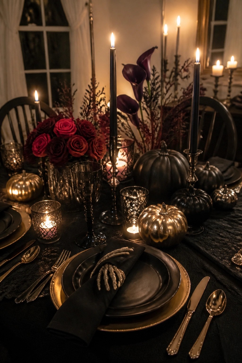 A formal Halloween dining table with black plates, gold chargers, a skeleton hand napkin ring, tall black candles, dark red roses, and metallic pumpkins.