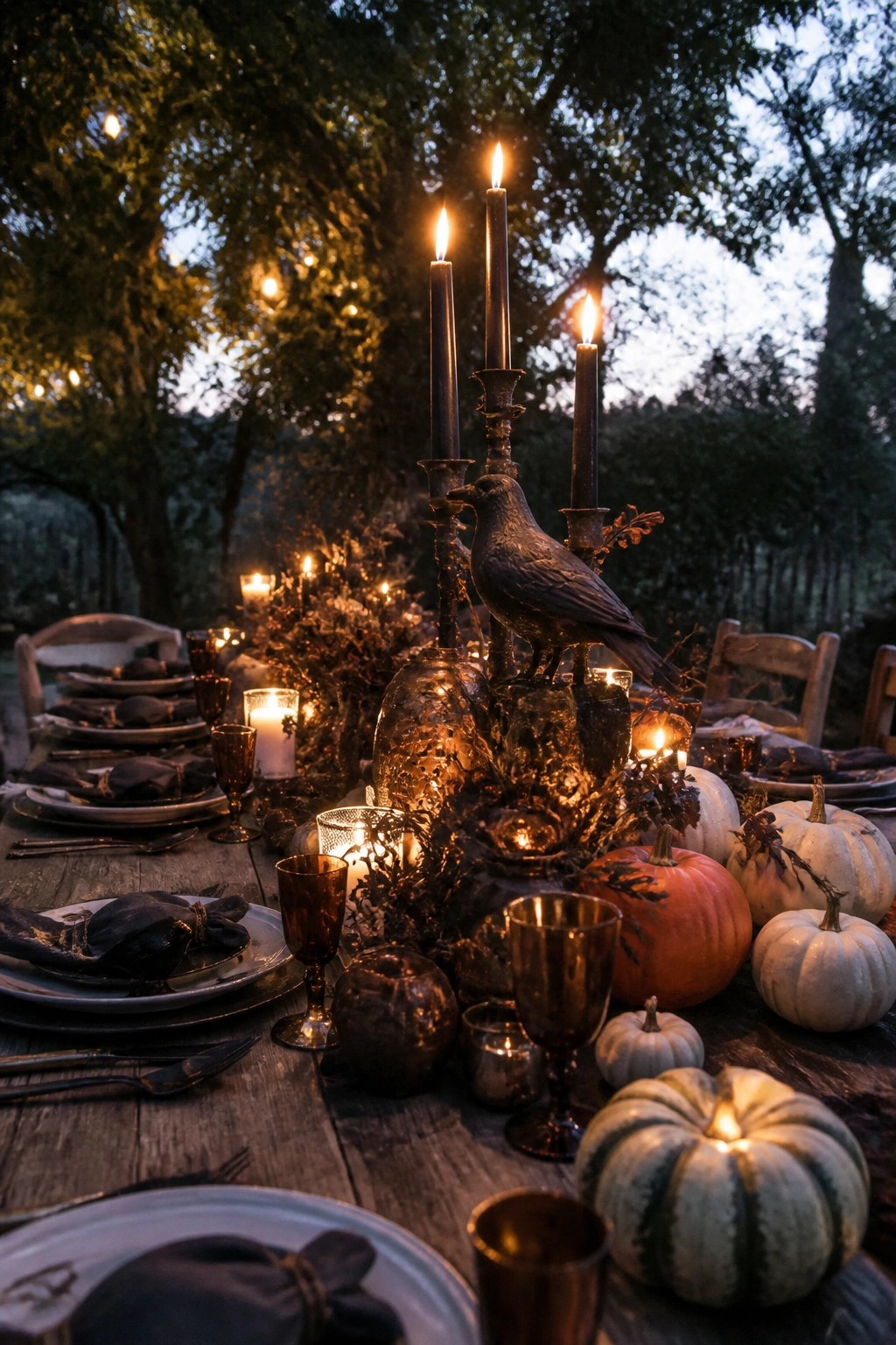 Outdoor wooden table set for Halloween with a tall candelabra holding a black crow statue, surrounded by lit candles, dark goblets, pumpkins, and black napkins.