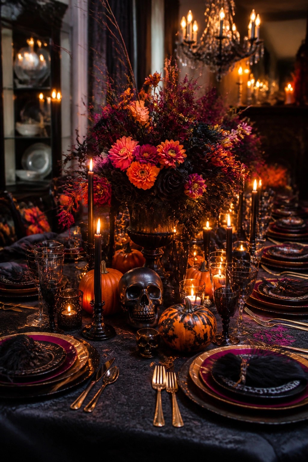 Elegant gothic table with black skull, pumpkins, lit candles, and vibrant floral centerpiece.