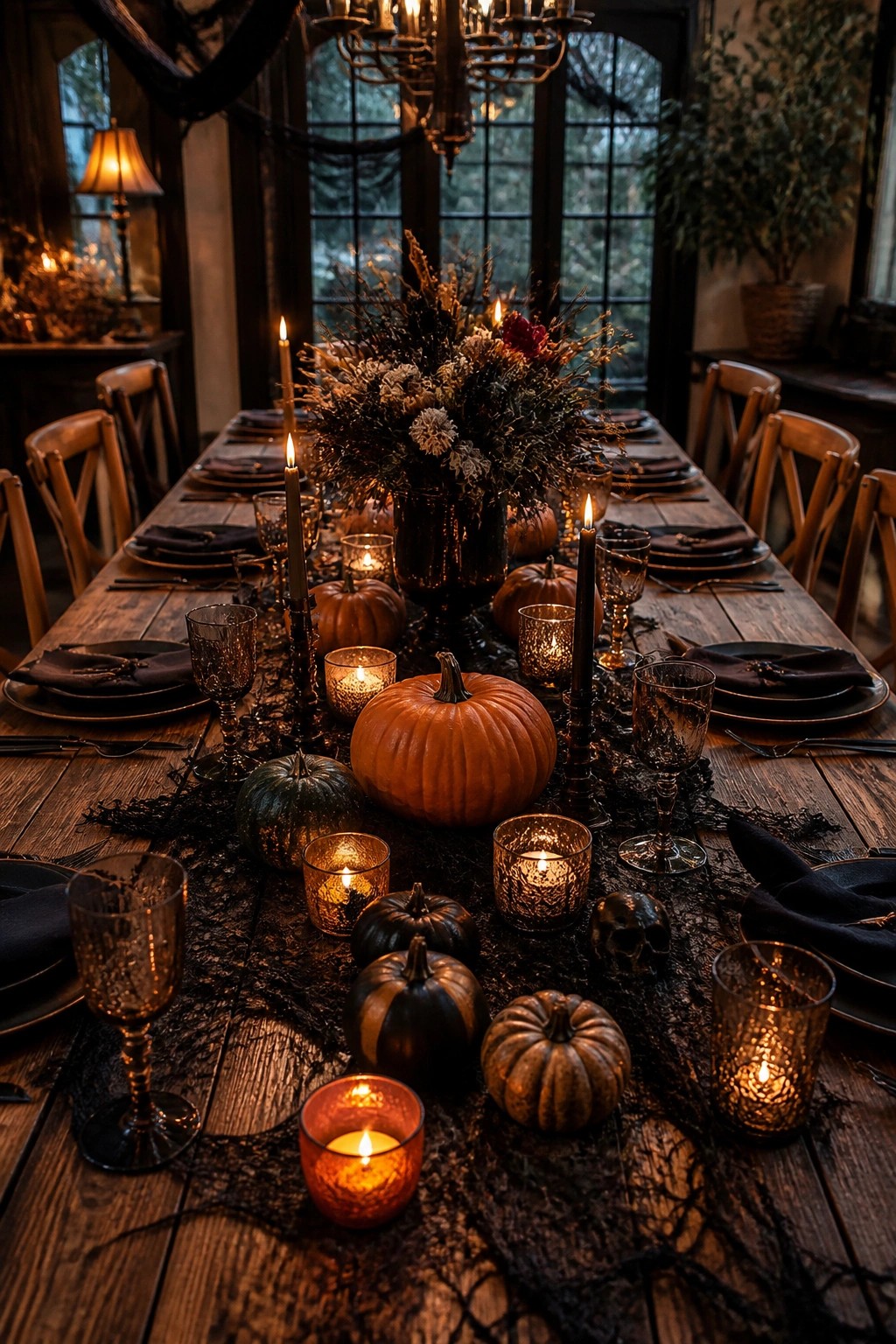 Long wooden dining table set with a black lace runner, black candles, small skulls, and assorted pumpkins for a Halloween tablescape.