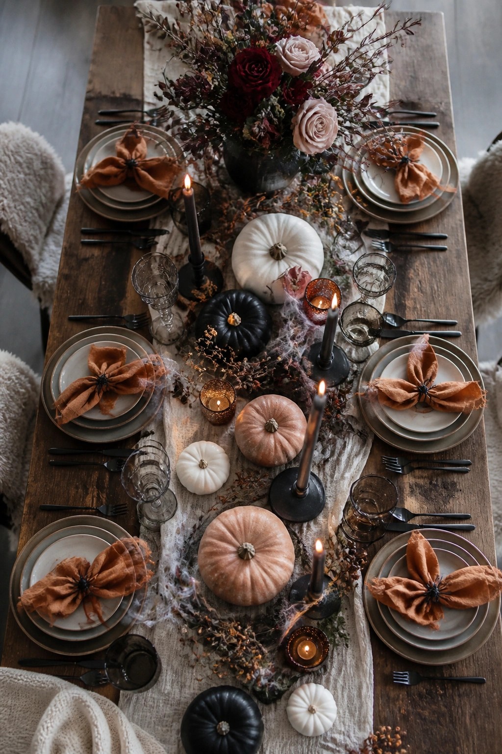 A long wooden dining table styled for Halloween with orange napkins fastened by black spiders, scattered pumpkins in white and black, lit taper candles, and fake cobwebs running down the center.
