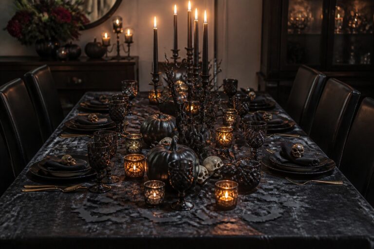 Long dining table set with black candles of varying heights, black pumpkins, dark foliage, and deep purple napkins in a dimly lit room.