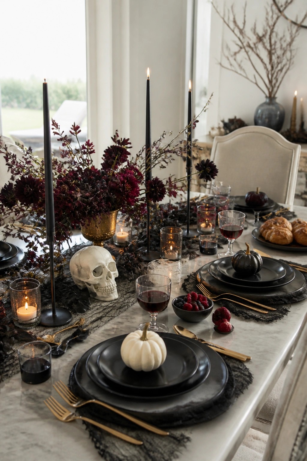 A long dining table decorated for Halloween with a white skull, black taper candles, dark flowers, black plates, and small pumpkins on a marble surface.