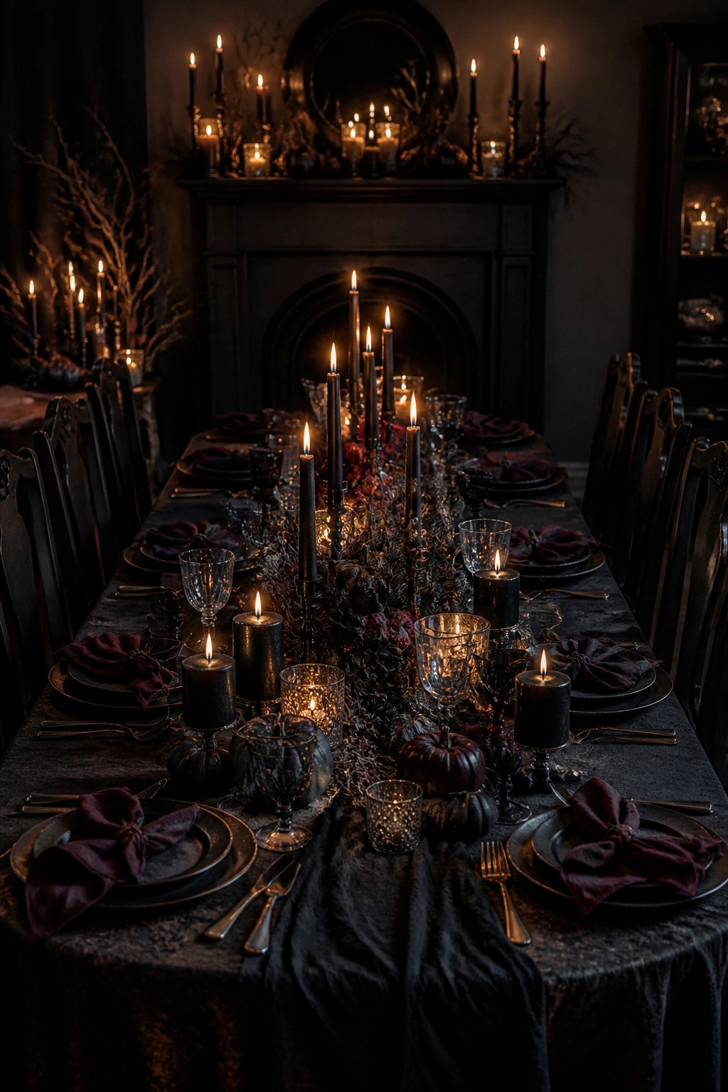 Long dining table set with black candles of varying heights, black pumpkins, dark foliage, and deep purple napkins in a dimly lit room.