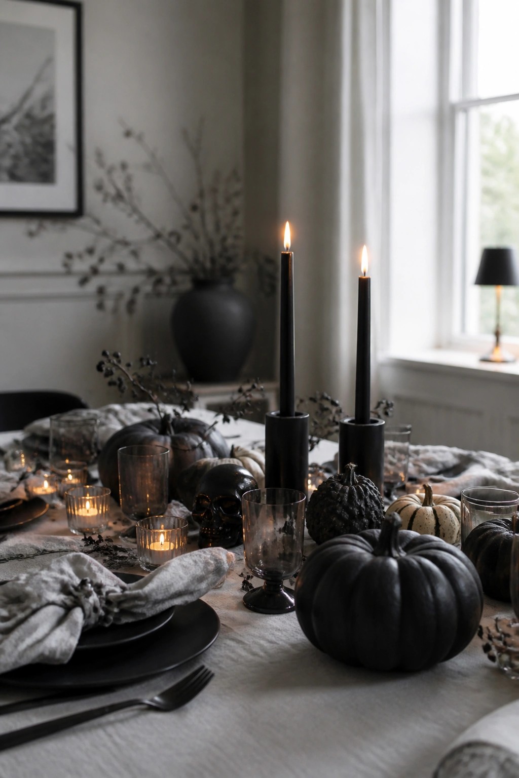 Dining table set with black pumpkins, black taper candles, a black skull, and dark glassware on a light tablecloth.