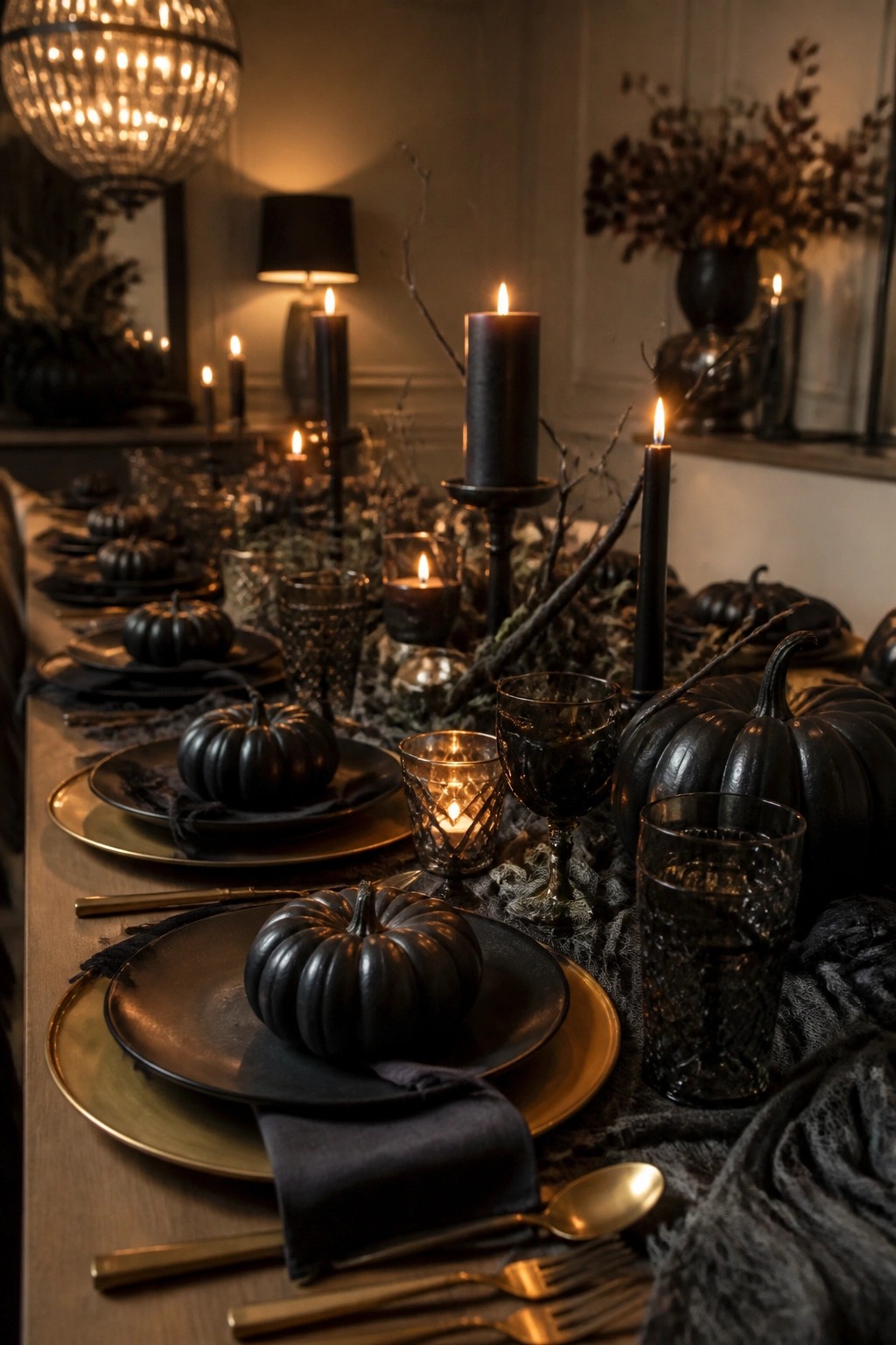 Dark elegant table with black pumpkins, lit candles, gold plates, and glassware.
