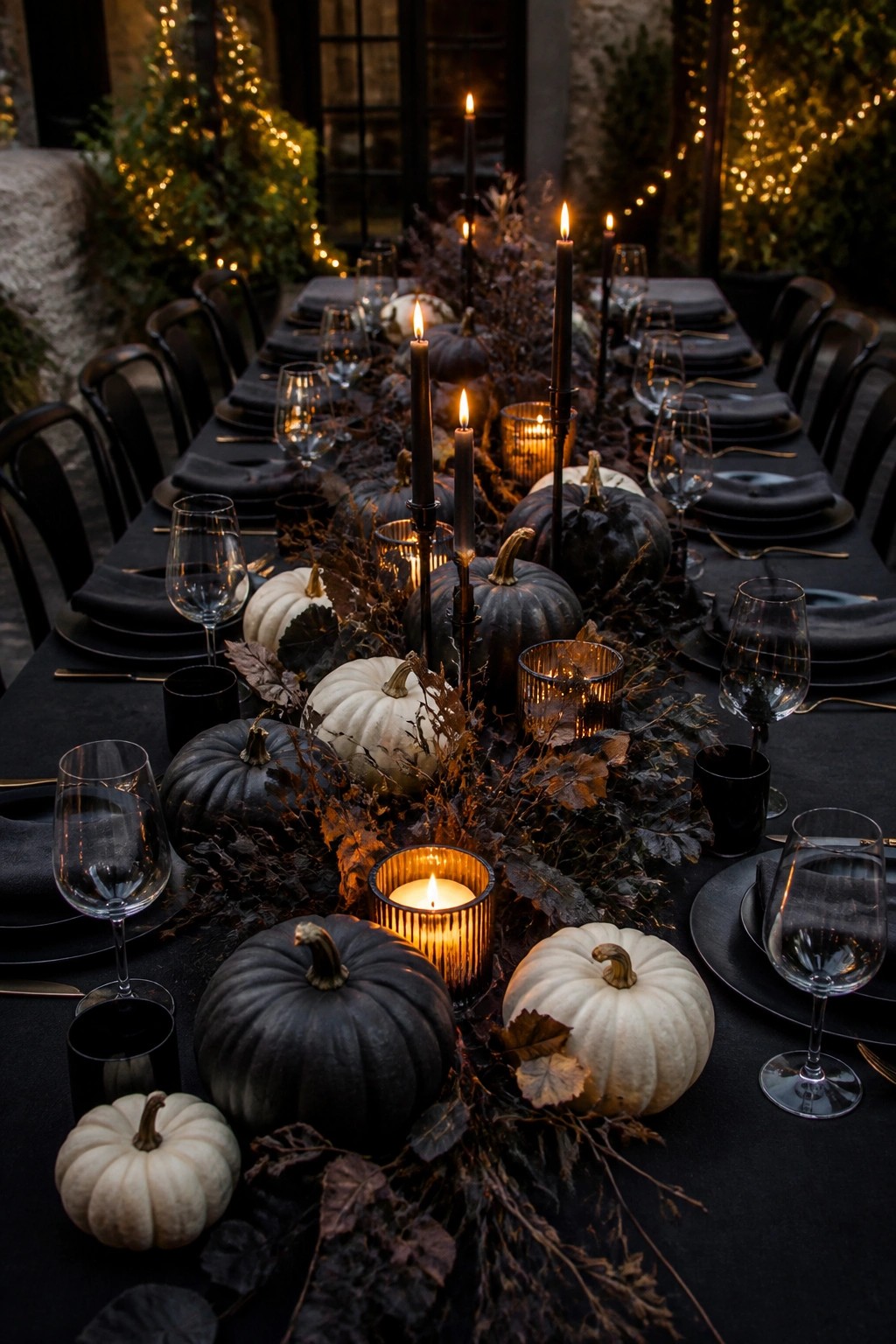 Elegant nighttime table with black and white pumpkins, candles, dark foliage, and string lights.