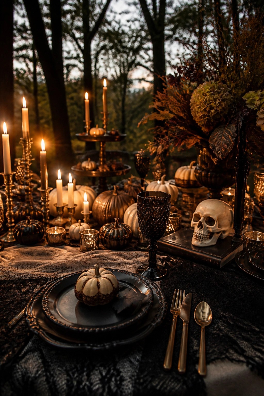Outdoor dining table set for Halloween with black plates, gold cutlery, a small pumpkin on the plate, a black goblet, and a skull on a book surrounded by candles and more pumpkins in a wooded area.