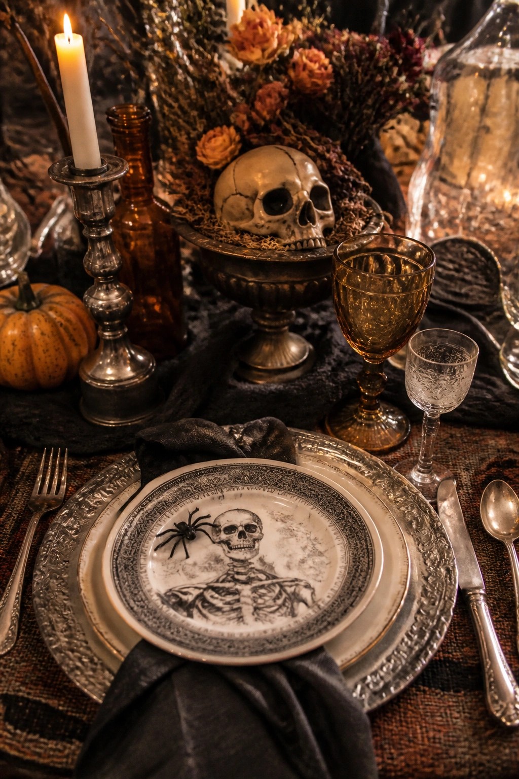 Dining table with skeleton plates on silver chargers, a skull centerpiece, amber glassware, and dark linens.