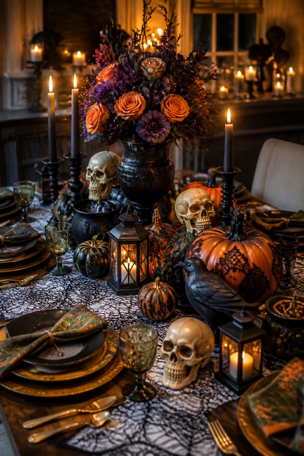 Elegant Halloween table with skulls, pumpkins, black candles, lanterns and orange roses.
