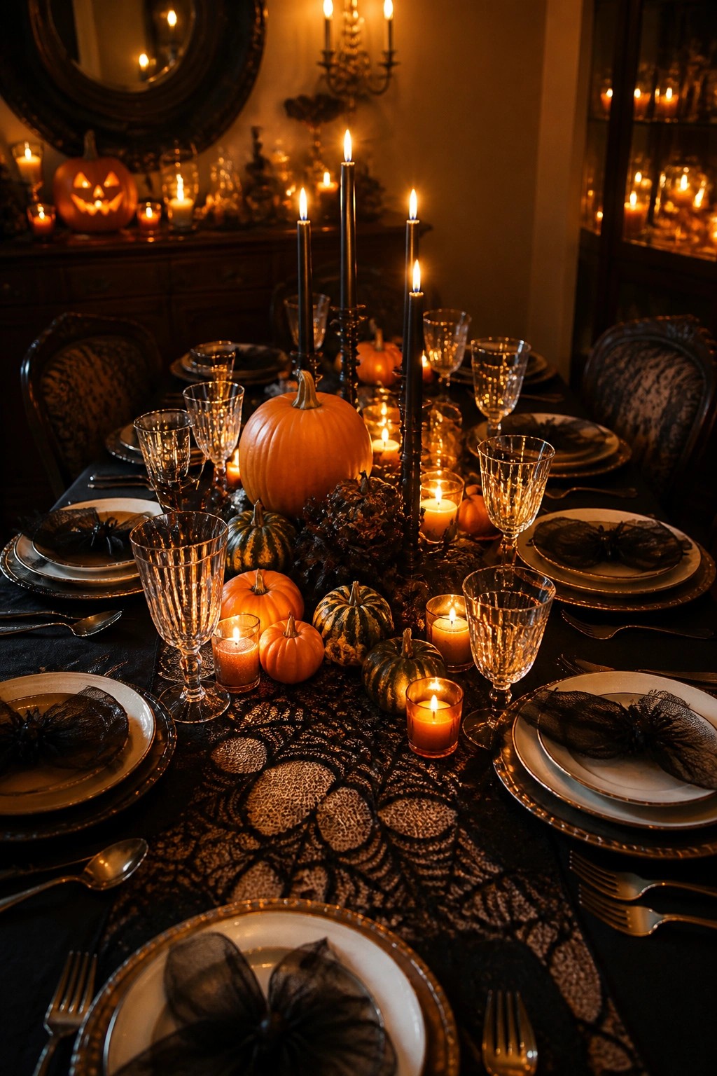 A dining table covered with a black spiderweb tablecloth, set with orange pumpkins, black candles, glassware, and black napkins at each place setting.
