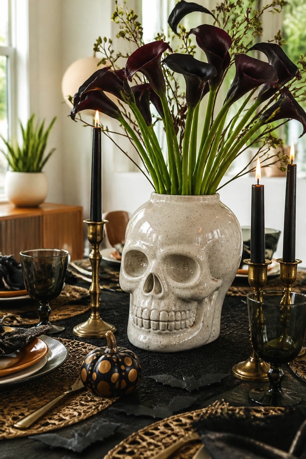 Dining table with a white skull vase holding dark calla lilies as the central arrangement, black taper candles in brass holders on both sides, and a small black and gold pumpkin nearby.