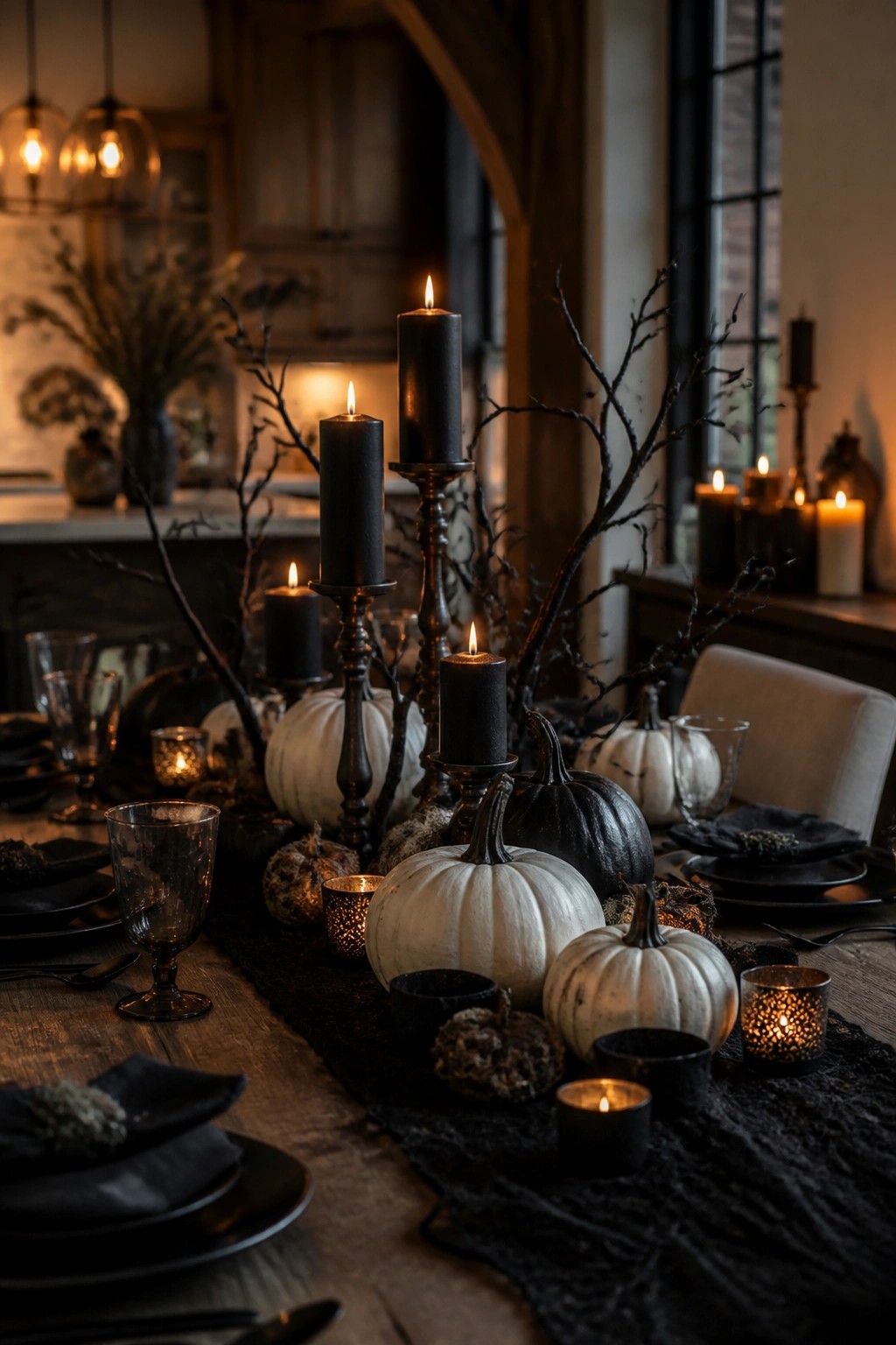Dark moody table with white and black pumpkins, lit candles, and bare branches.