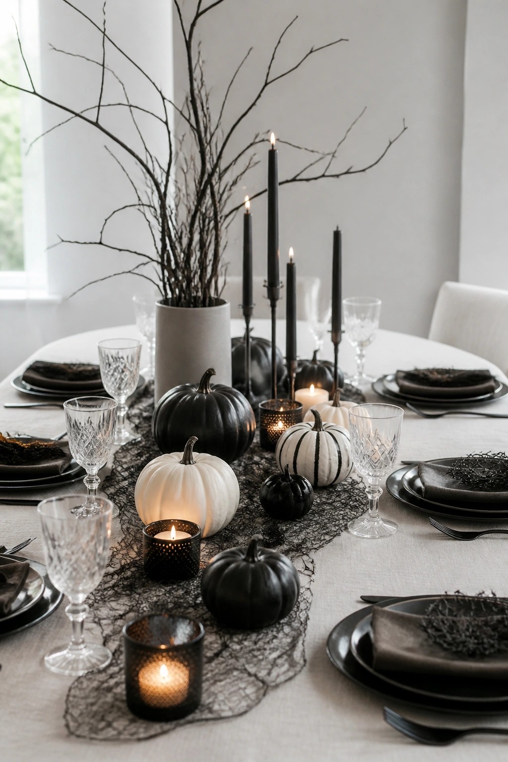 Dining table with a black lace runner, black and white pumpkins, tall black candles, and bare branches arranged in a gray vase as the centerpiece.