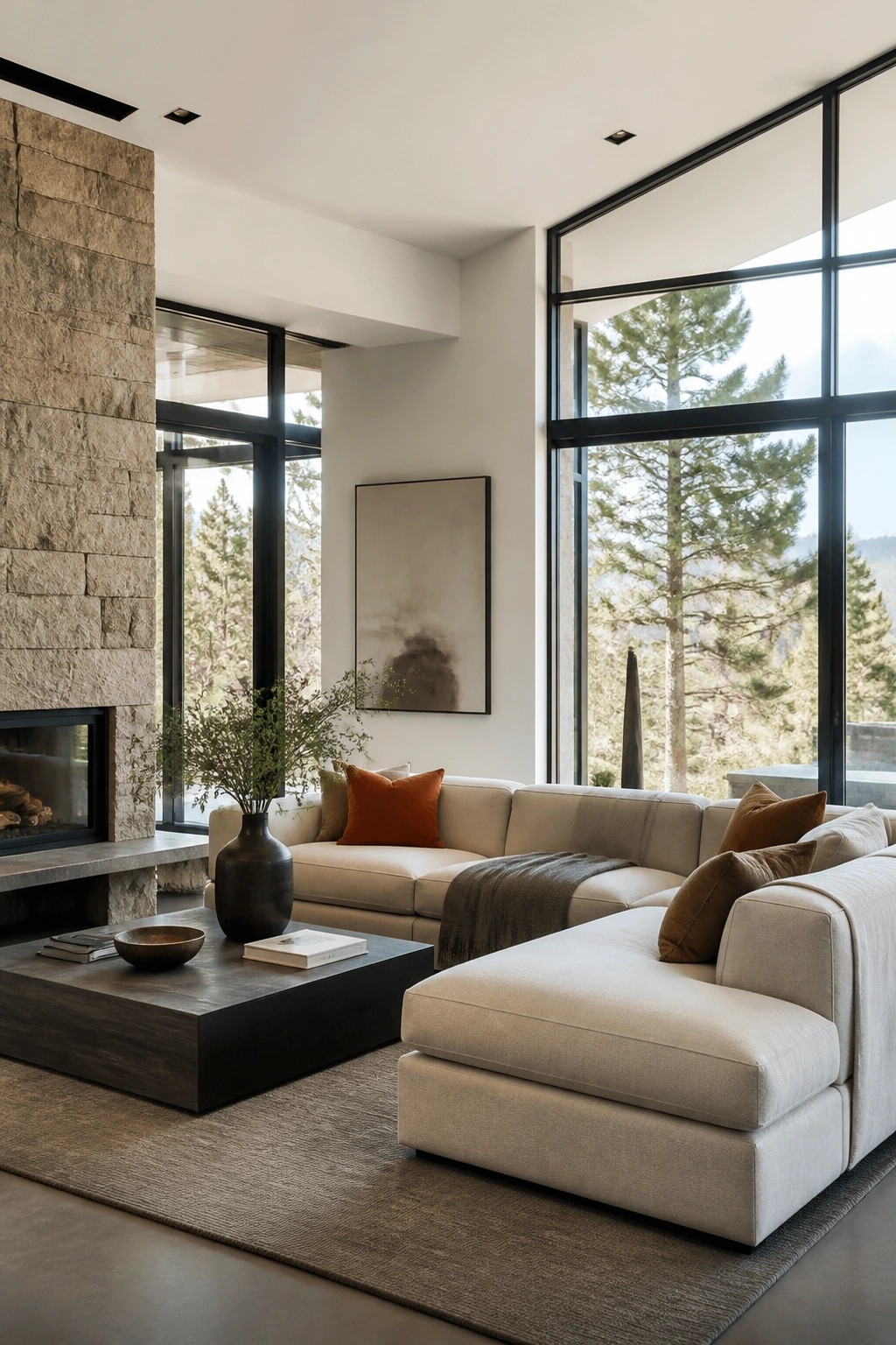 Modern living room with beige sectional sofa, stone fireplace, and forest-view windows