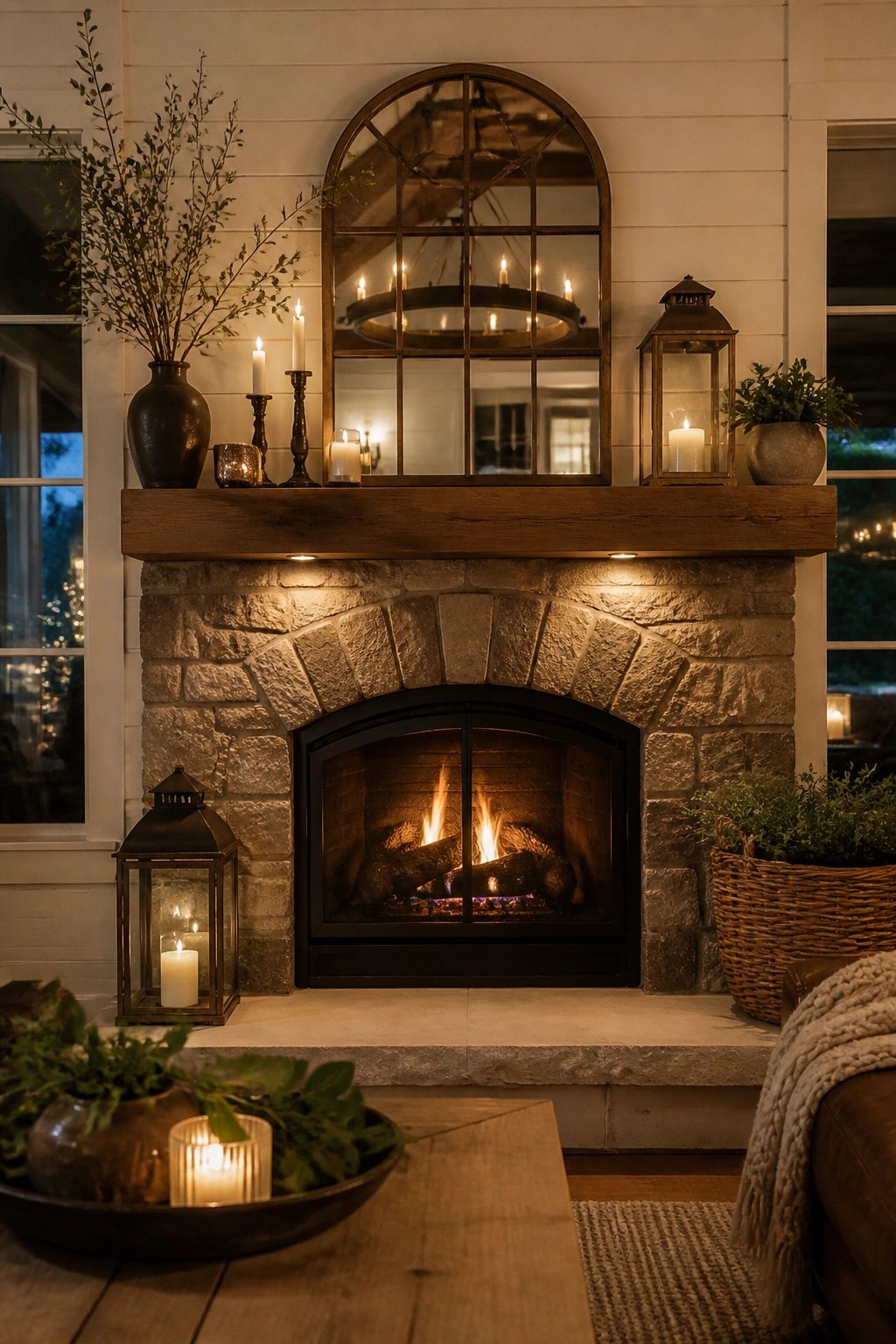 Stone fireplace mantel styled with multiple white candles, black lanterns, and a large arched mirror above the firebox.