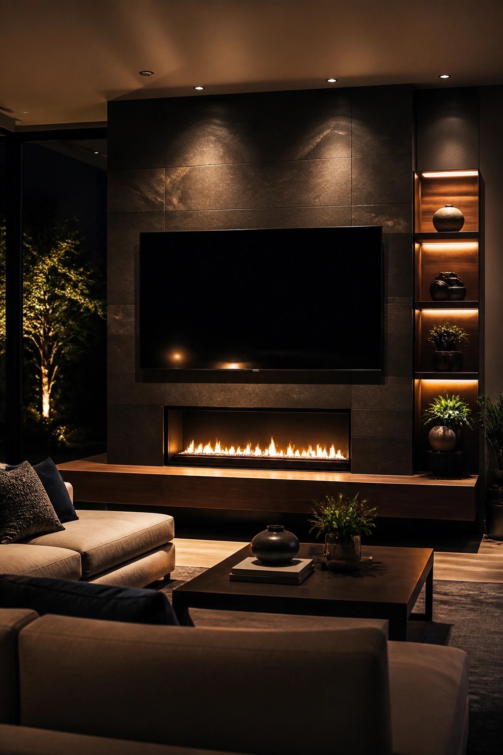 Living room with a long linear fireplace lit beneath a wall-mounted TV on a dark stone surround.