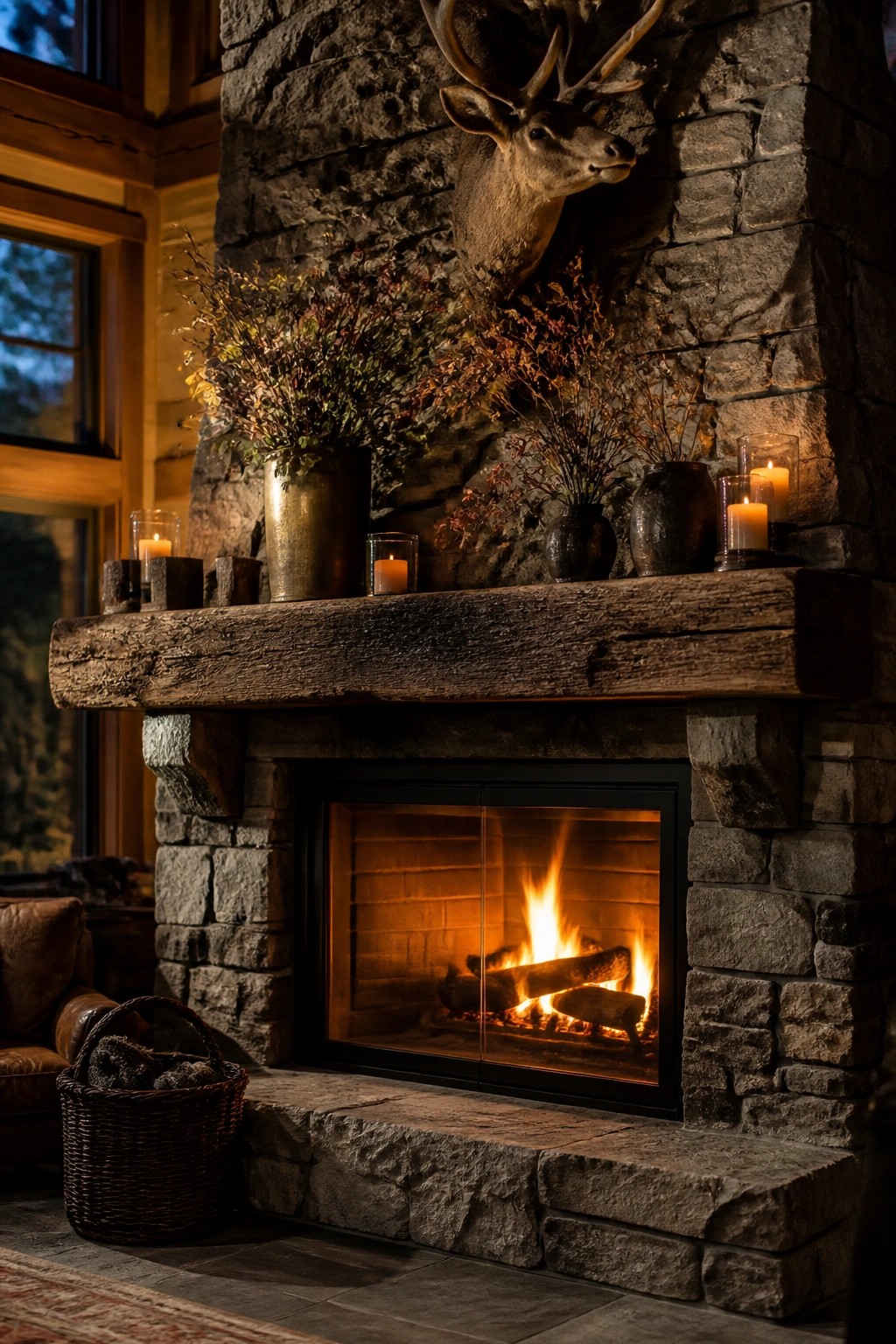 Stone fireplace with wooden mantel, lit fire, deer head mount, and multiple candles with dried foliage arranged on the mantel.
