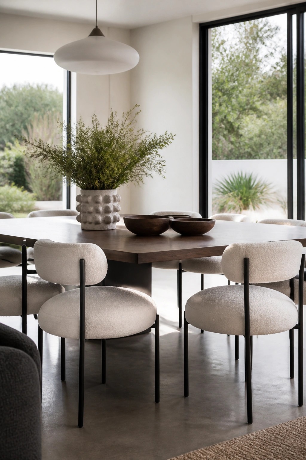 Modern dining room table with a textured vase holding branches and two dark wooden bowls as the centerpiece, surrounded by light upholstered chairs.