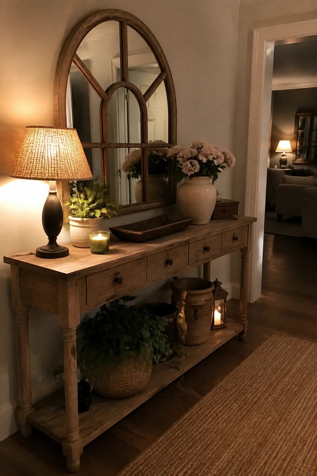 Rustic wooden console table with lamp, flowers, and arched mirror in warm entryway lighting