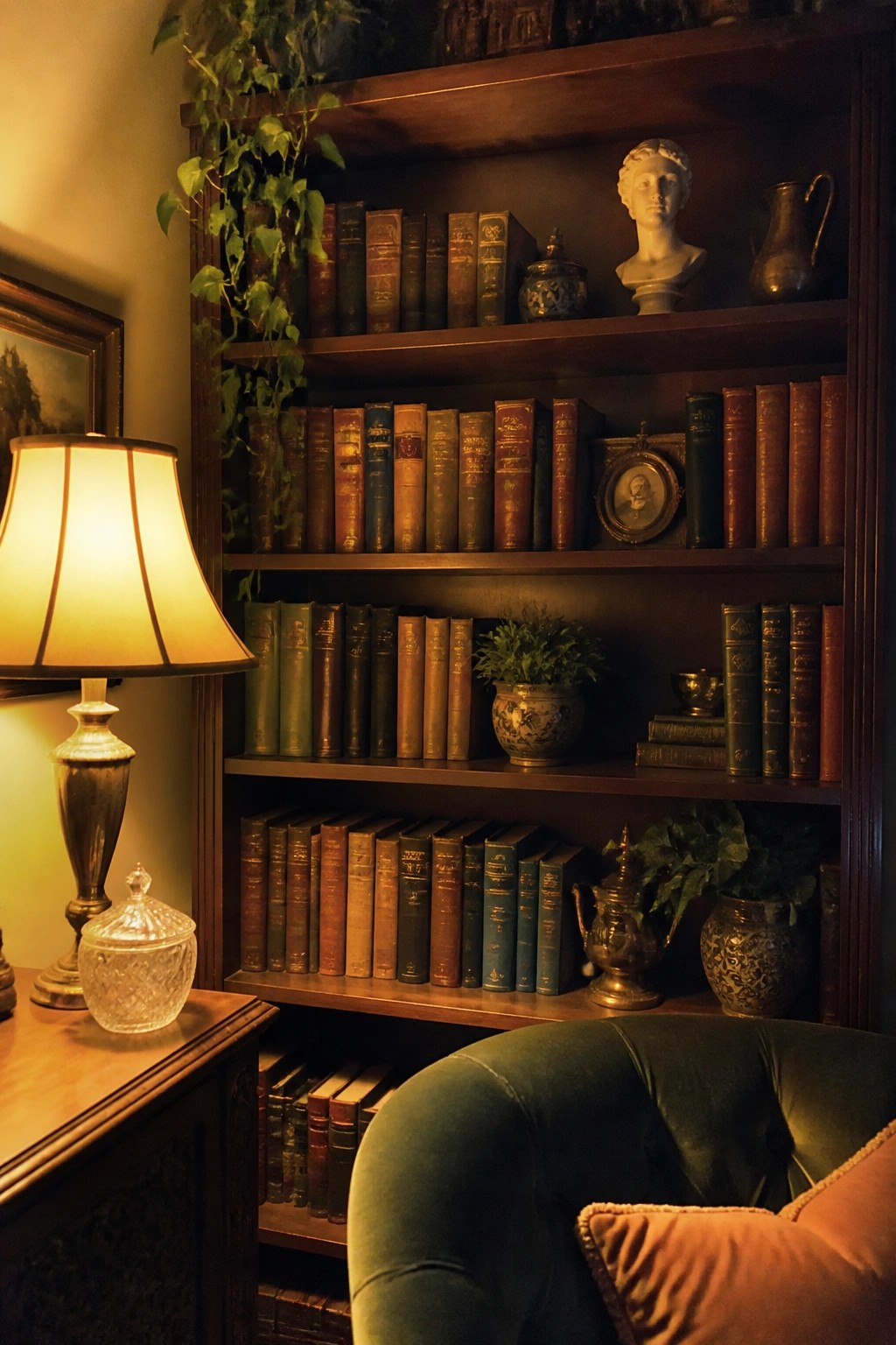 Cozy wooden bookshelf with antique books, bust, plants, glowing lamp, and green armchair.