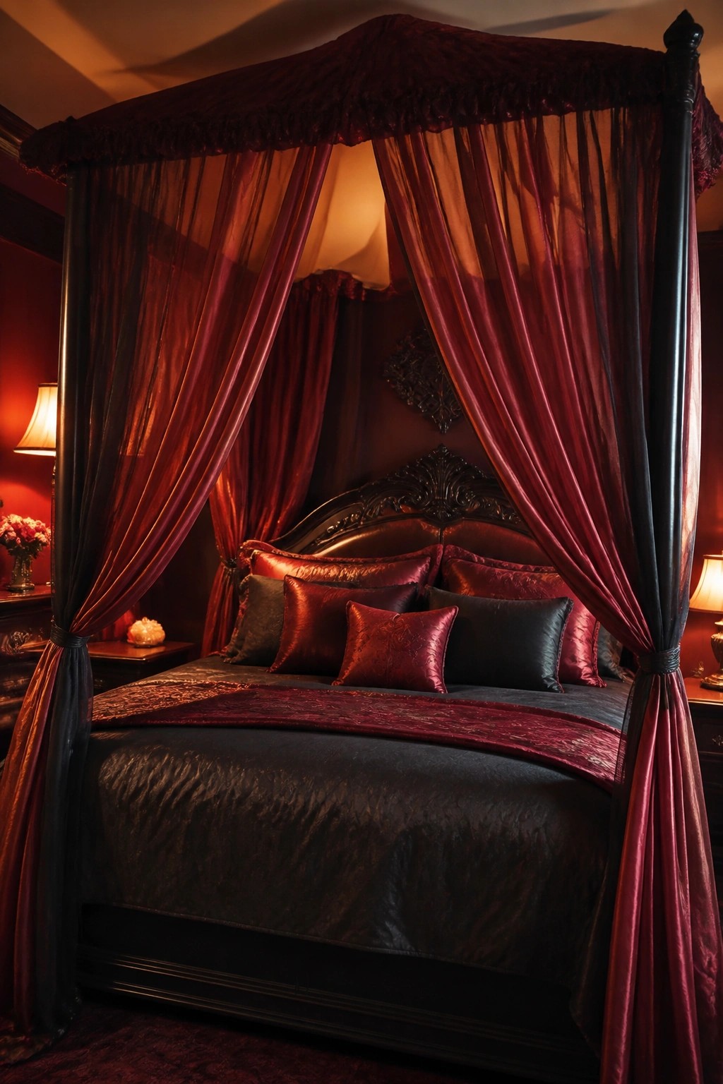 Four-poster bed with red sheer canopy curtains and dark bedding in a dimly lit bedroom.