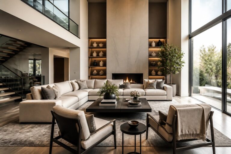 Modern living room with beige sectional sofa, stone fireplace, and forest-view windows