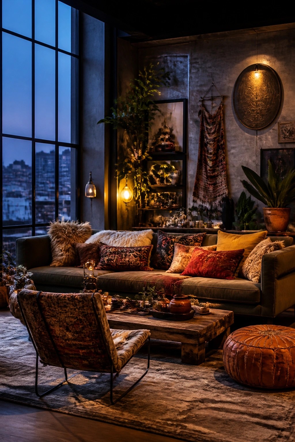 Living room with a dark green sofa covered in patterned and fur pillows, a rustic wooden coffee table, and warm lantern lighting.