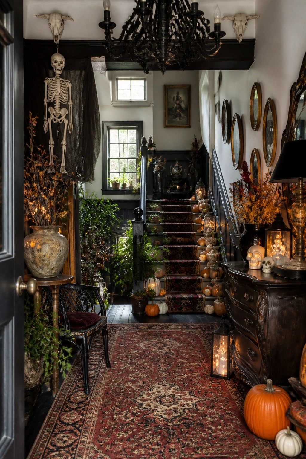 Entryway with a staircase lined with pumpkins and lanterns, plus skulls and a hanging skeleton visible nearby.