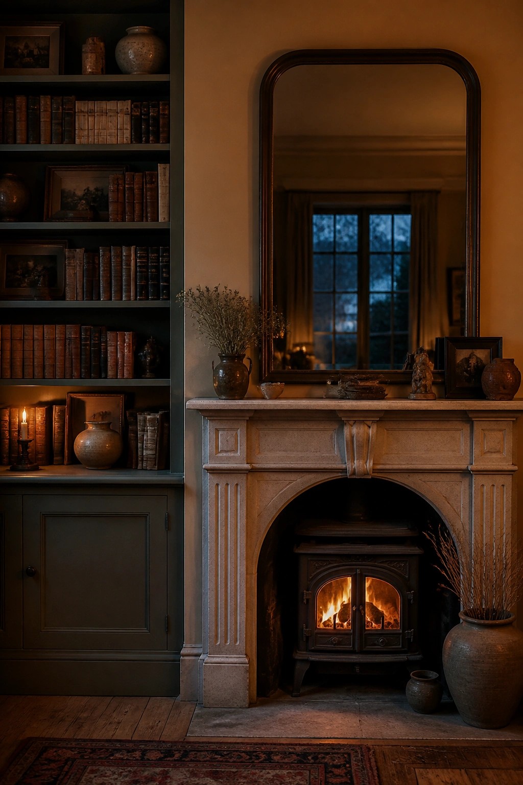 Stone fireplace with a lit wood-burning stove, large mirror above the mantel, and built-in bookshelves filled with old books on the left.