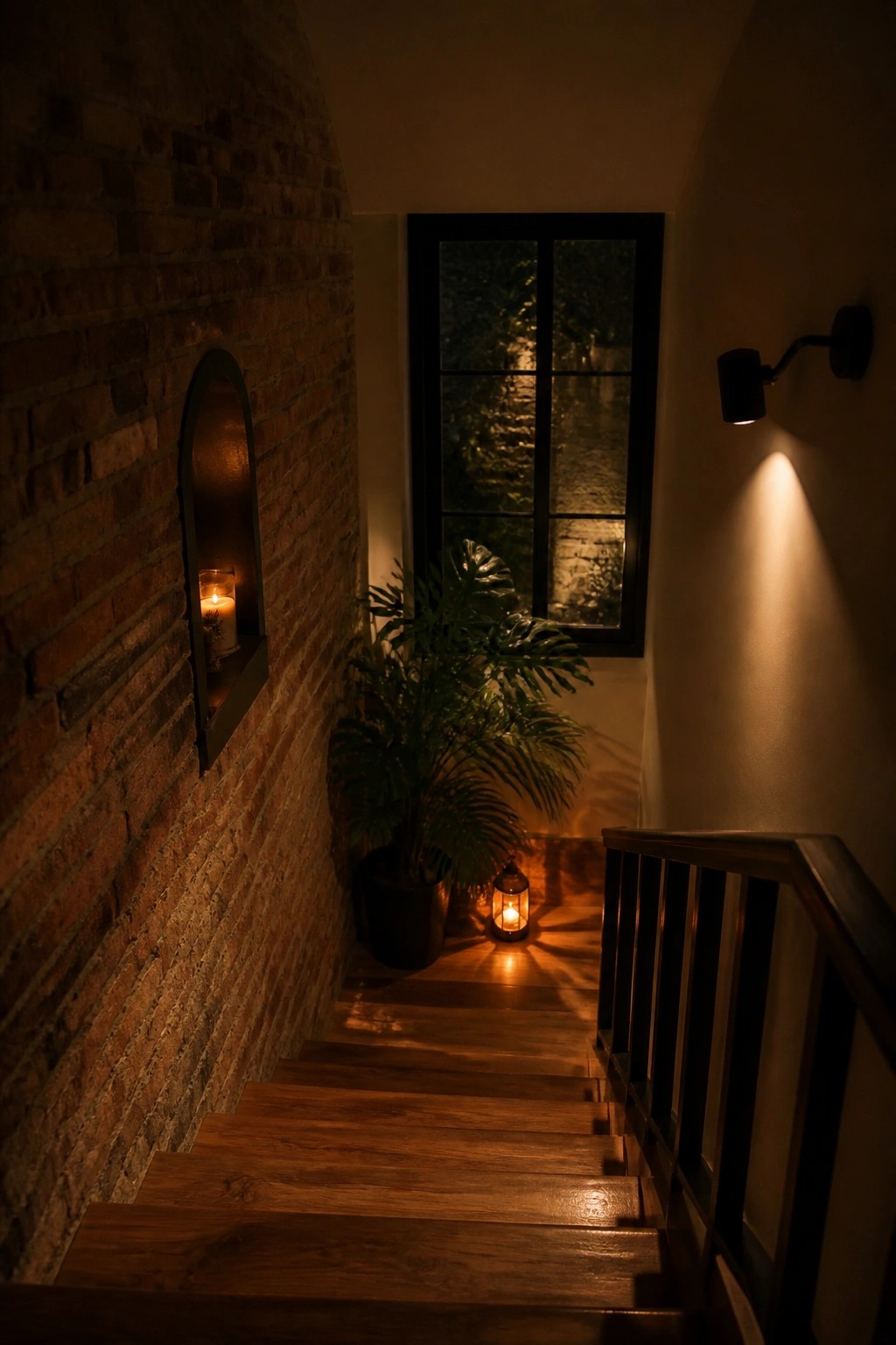 Wooden staircase with a lit lantern on the steps, a potted plant nearby, and a single candle glowing in a recessed brick niche.