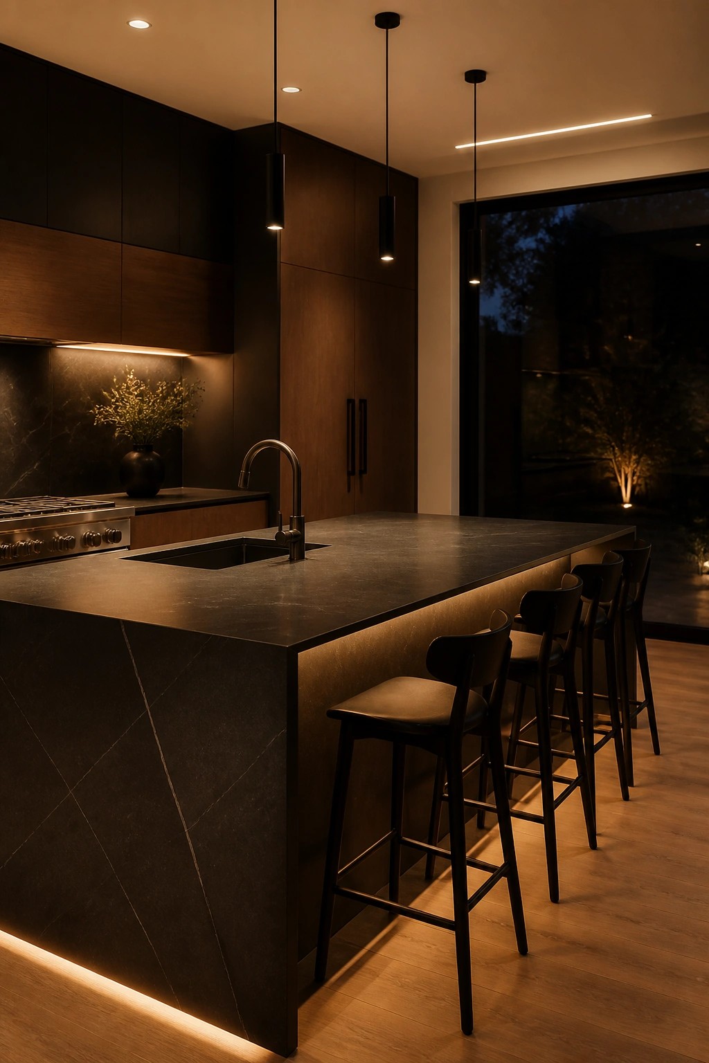 Modern kitchen with a large dark stone island, black bar stools, pendant lights, and warm under-cabinet lighting.