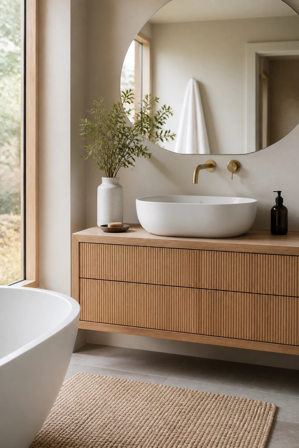 Modern bathroom with floating wood vanity, white vessel sink, round mirror, and neutral finishes including a woven rug and white bathtub.
