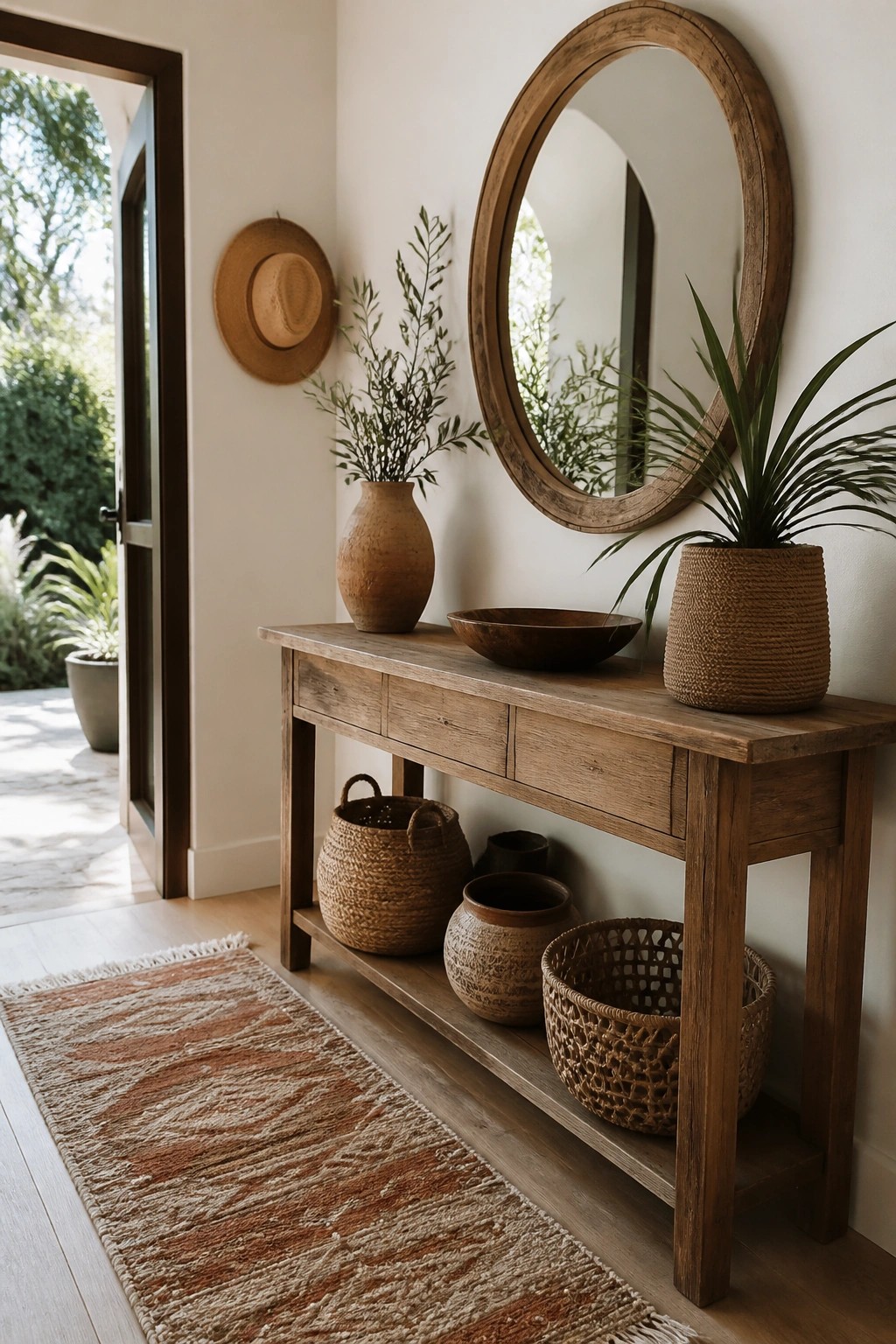 Rustic wooden console table with round mirror, woven baskets, plants, and striped rug