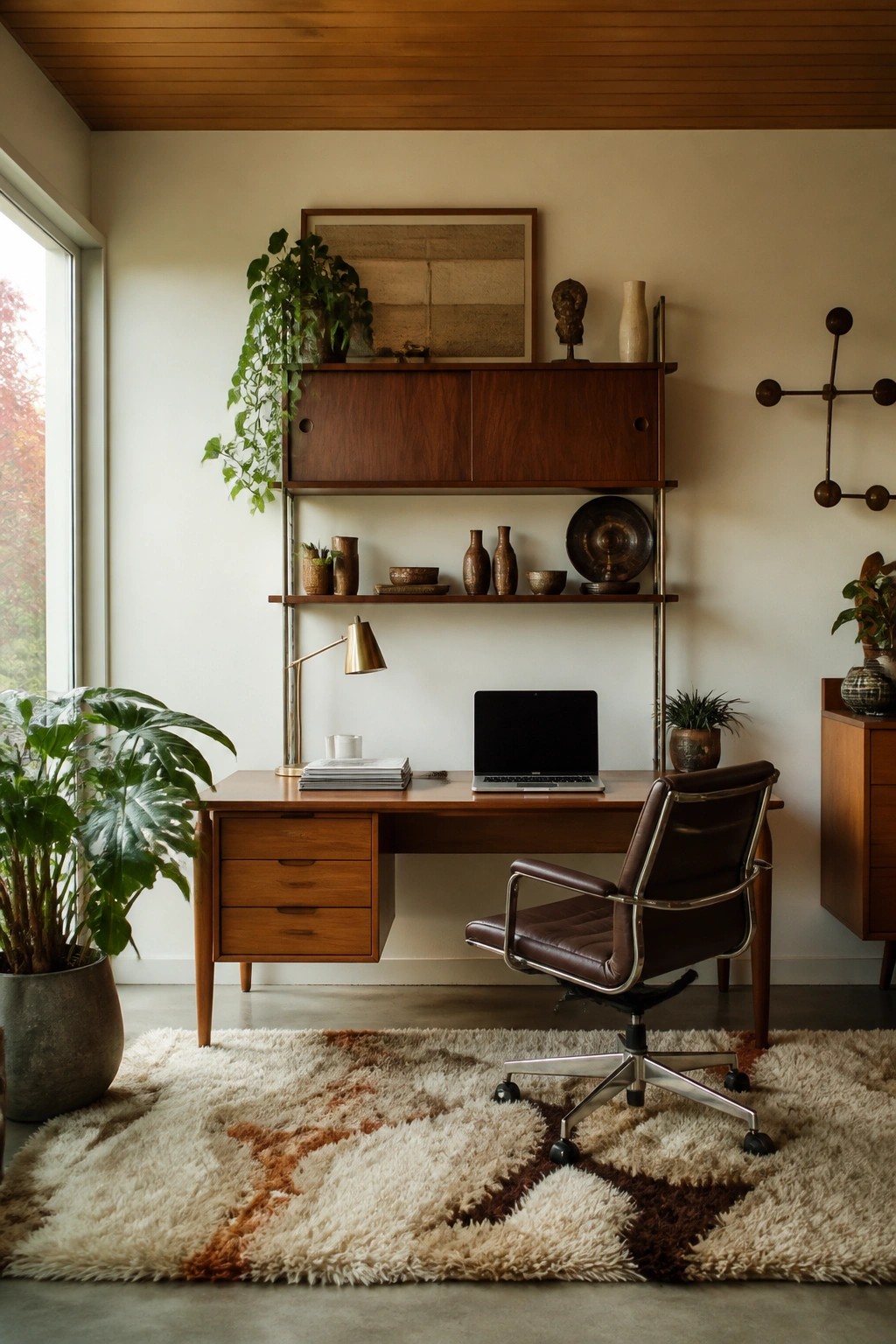 Mid-century modern home office with wooden desk, wall-mounted shelves holding pottery and plants, brown leather office chair, and large shaggy rug.