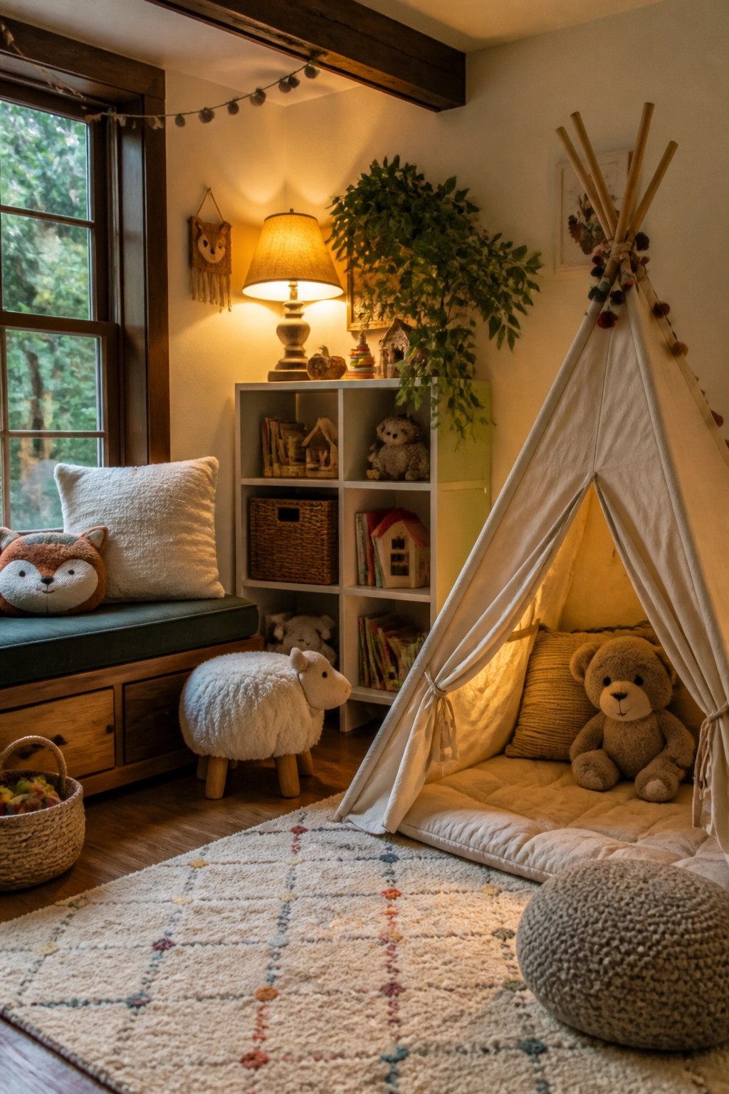 Cozy children's play area with a white fabric teepee tent containing a teddy bear, a window seat with fox pillow, white cubby shelves, and warm lamp lighting.