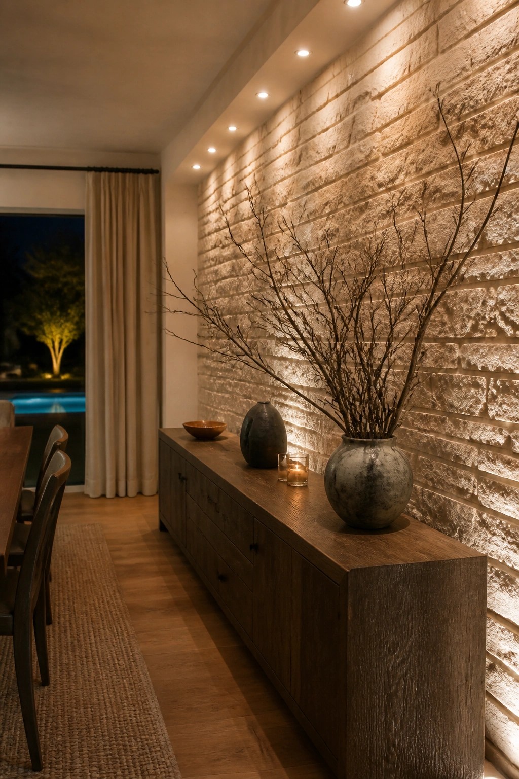 Wooden console table against a stone wall holding two large dark vases filled with tall bare branches and a small lit candle.