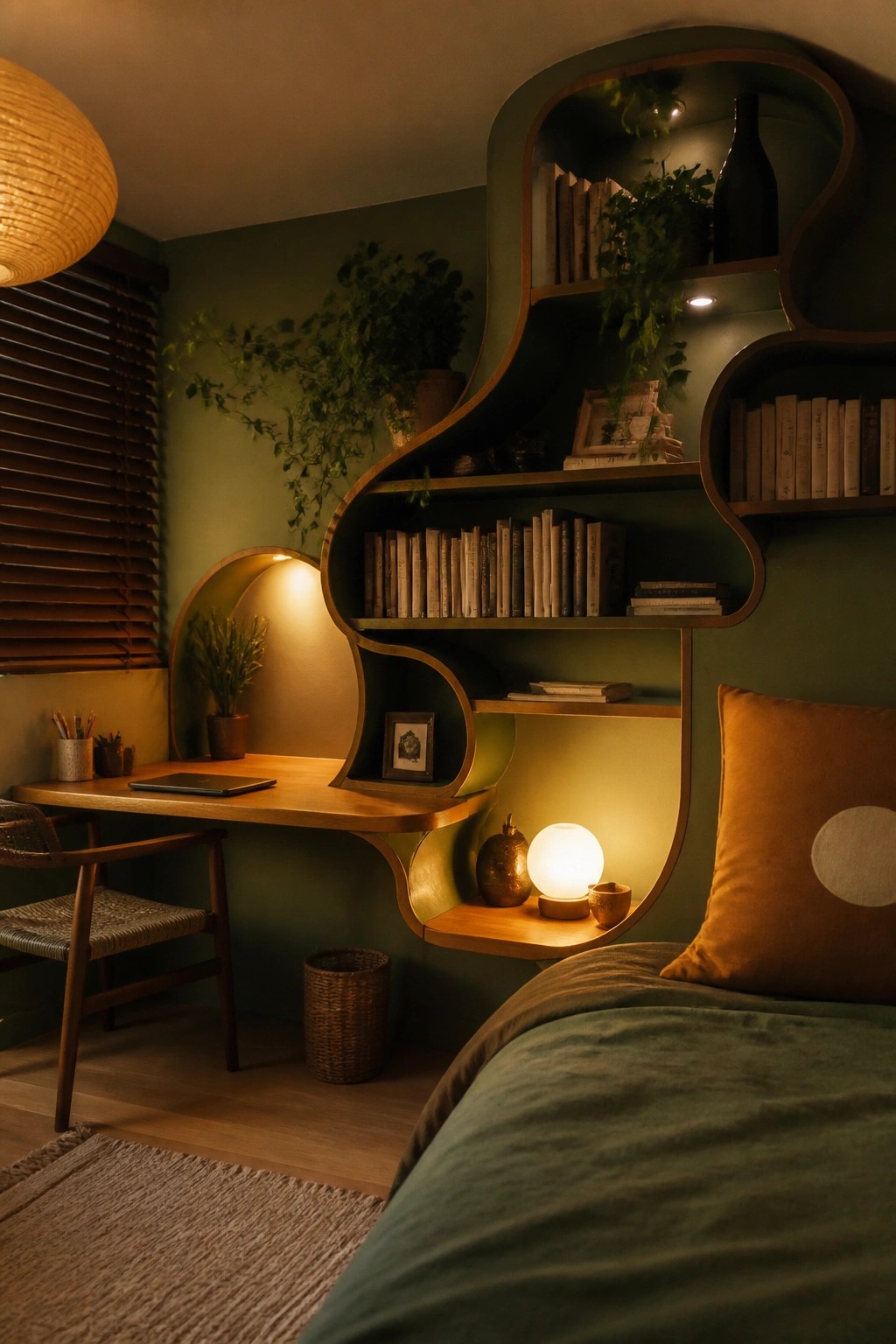 Bedroom corner with curved green built-in shelves holding books and plants, a wooden desk, and a bed with green bedding and an orange pillow.