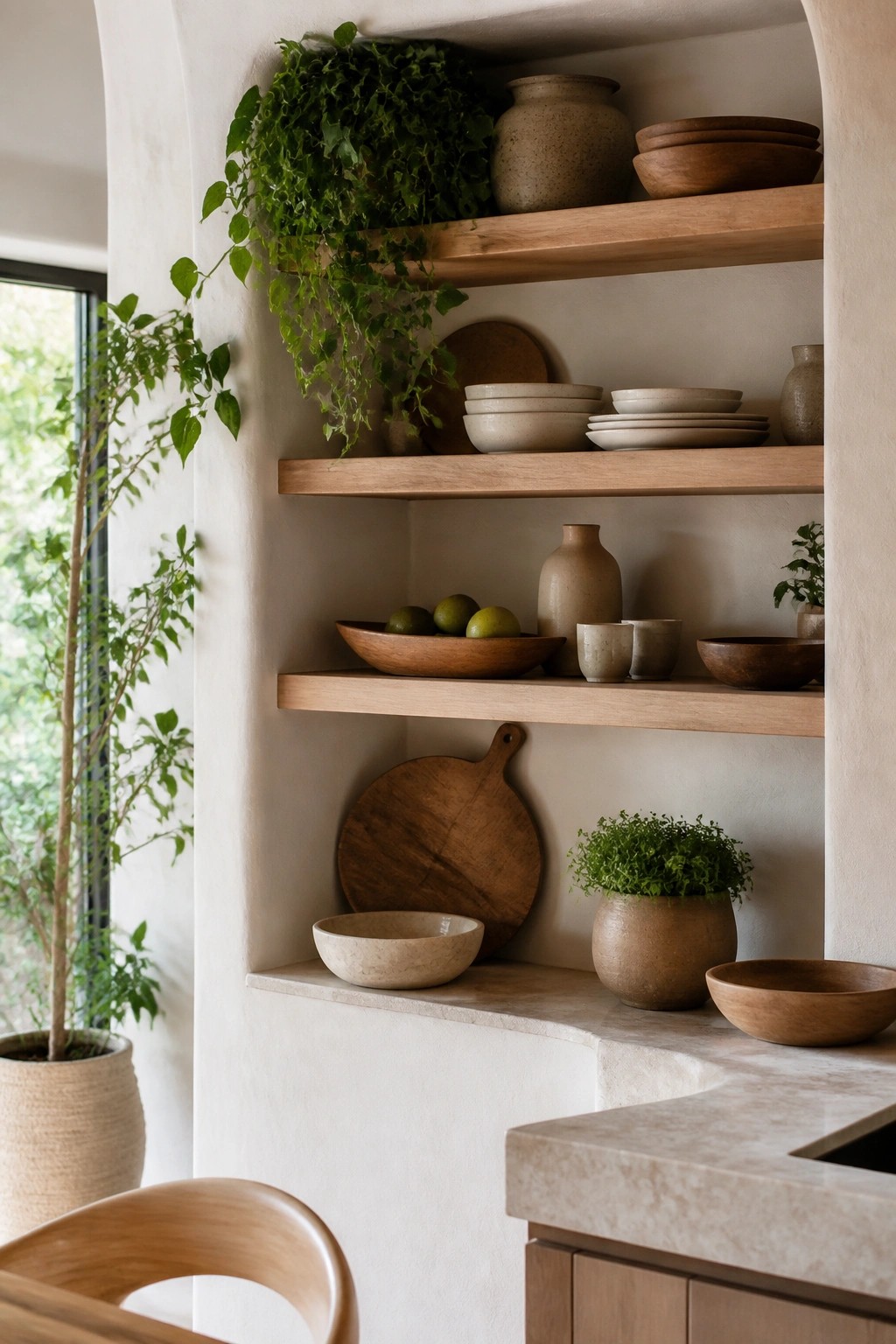 Kitchen open shelves holding wooden bowls, neutral ceramic dishes, and potted plants in a light-colored space.