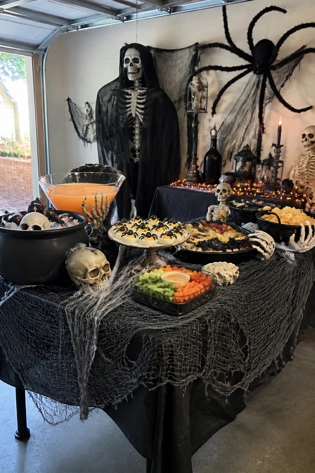 Black table with spiderwebs, skeletons, giant spider, cauldron punch, and spider eggs.