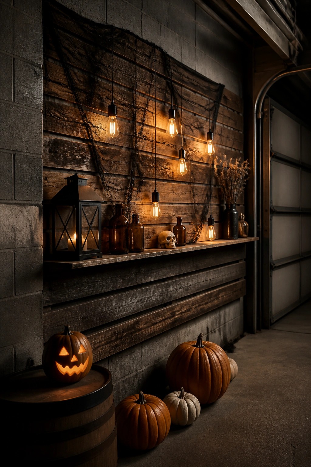 Garage wall covered with black spiderweb fabric, hanging light bulbs, a skull, and lanterns on a wooden shelf with pumpkins on the floor.