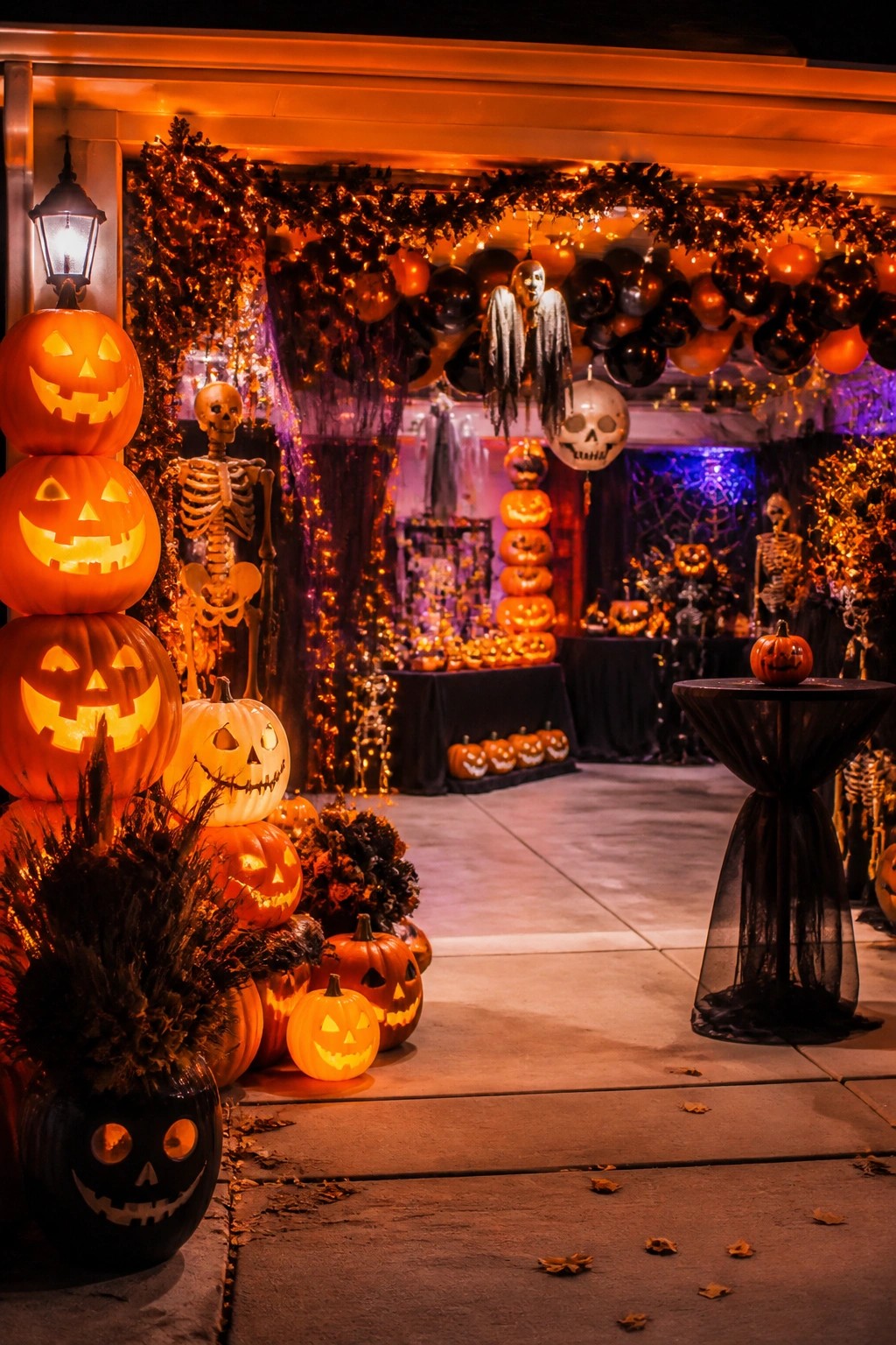 Garage entrance lined with stacked glowing jack o lanterns, hanging ghost figures, and black and orange balloon garlands.