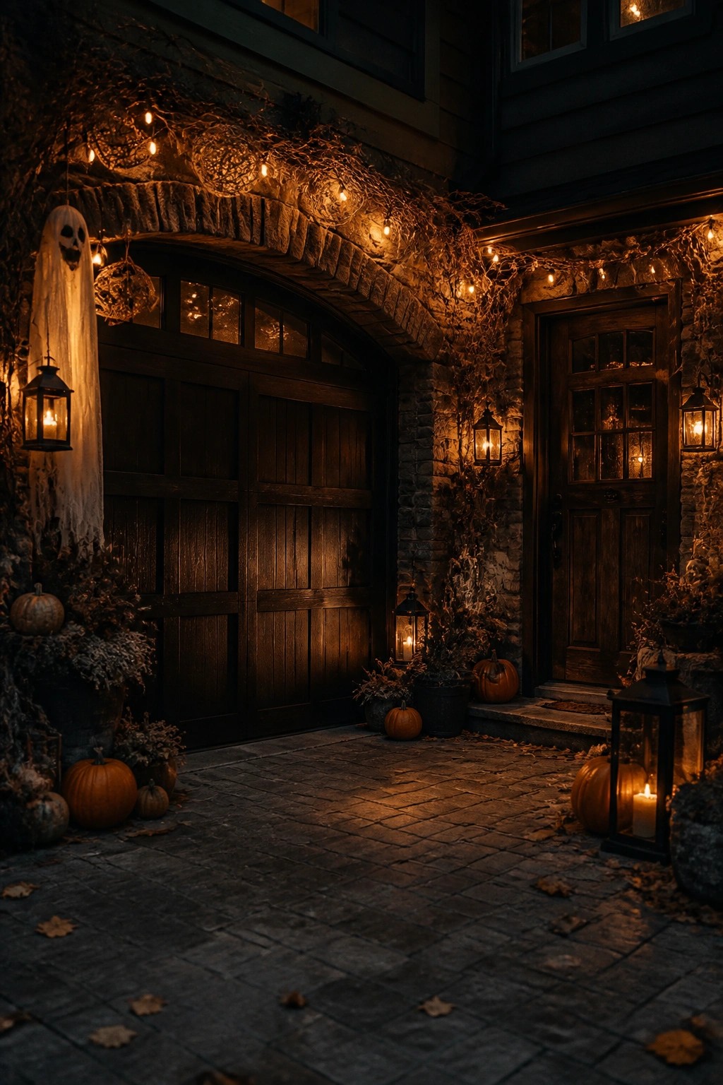 Garage entrance decorated with a hanging white ghost, string lights, pumpkins, and lanterns around a dark wooden garage door.