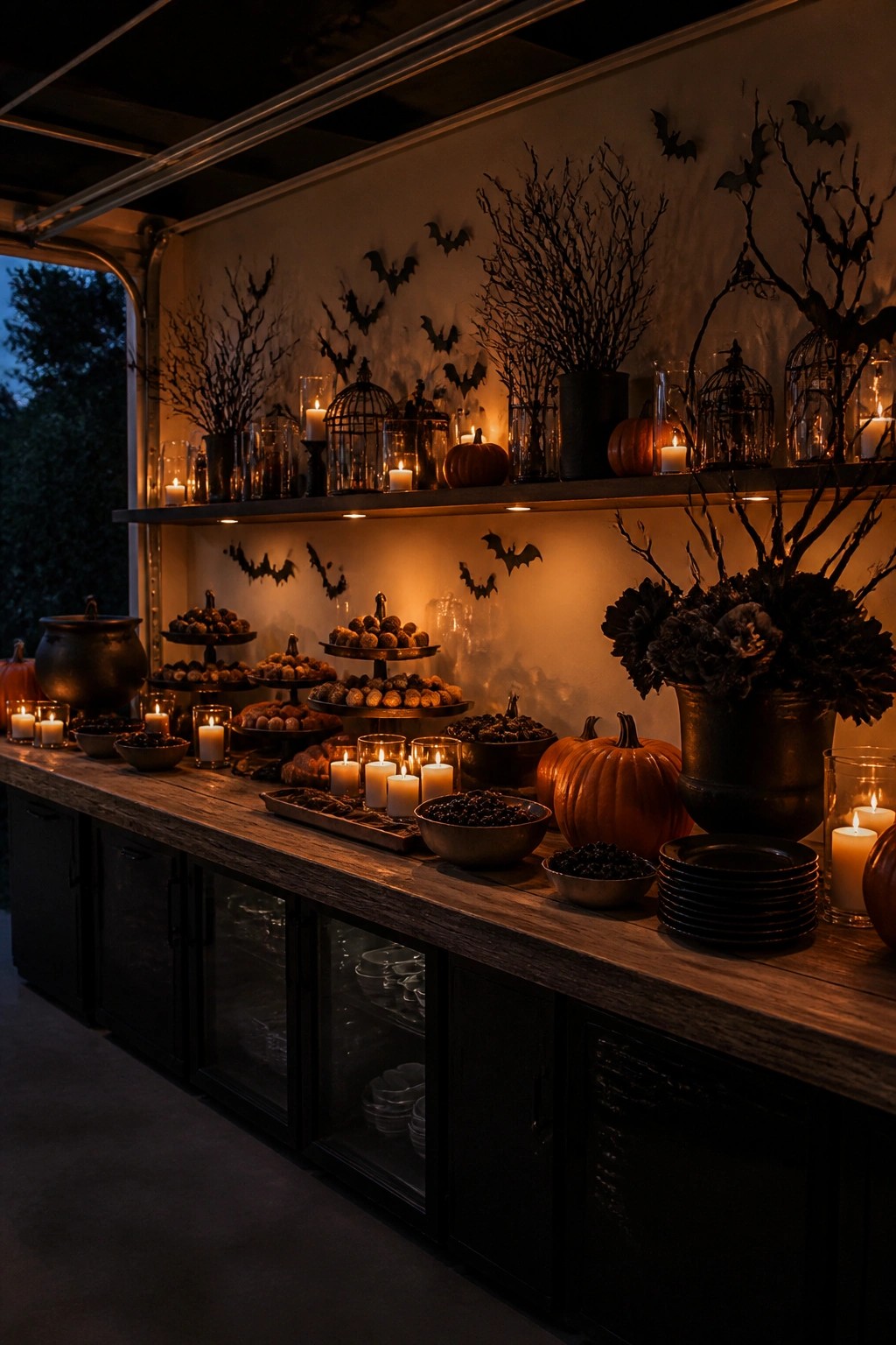 Garage party serving counter with Halloween food, black branches, pumpkins, and candles beneath a wall covered in black bat decorations.