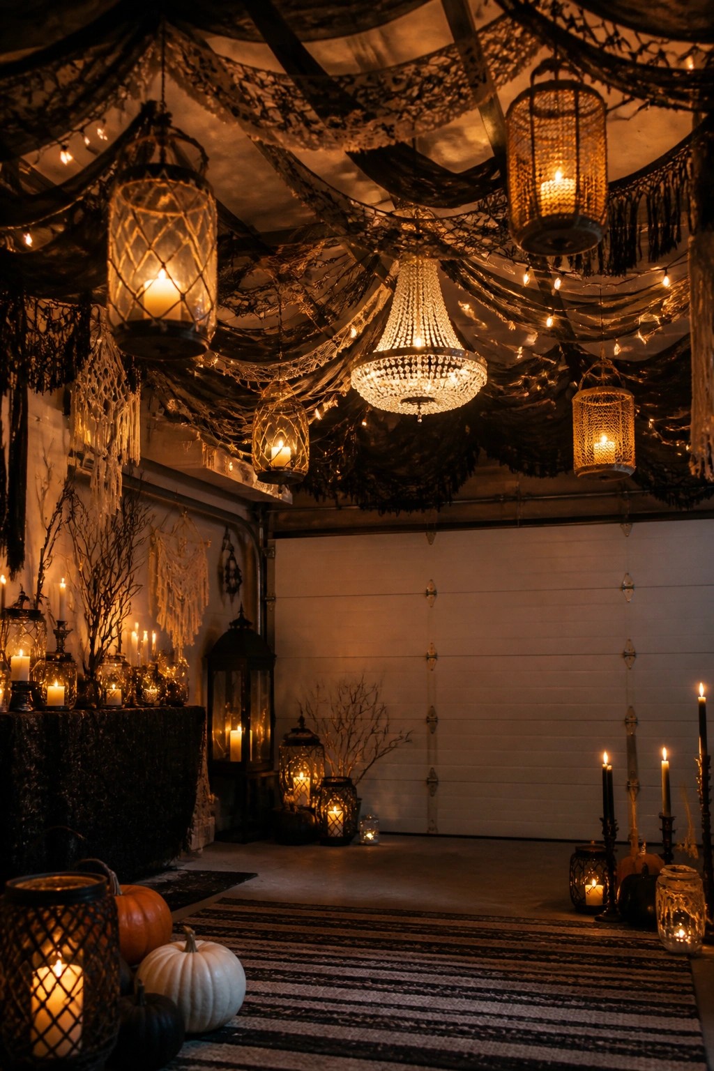 Dimly lit Halloween garage with chandeliers, lanterns, candles, pumpkins, and black lace drapes.