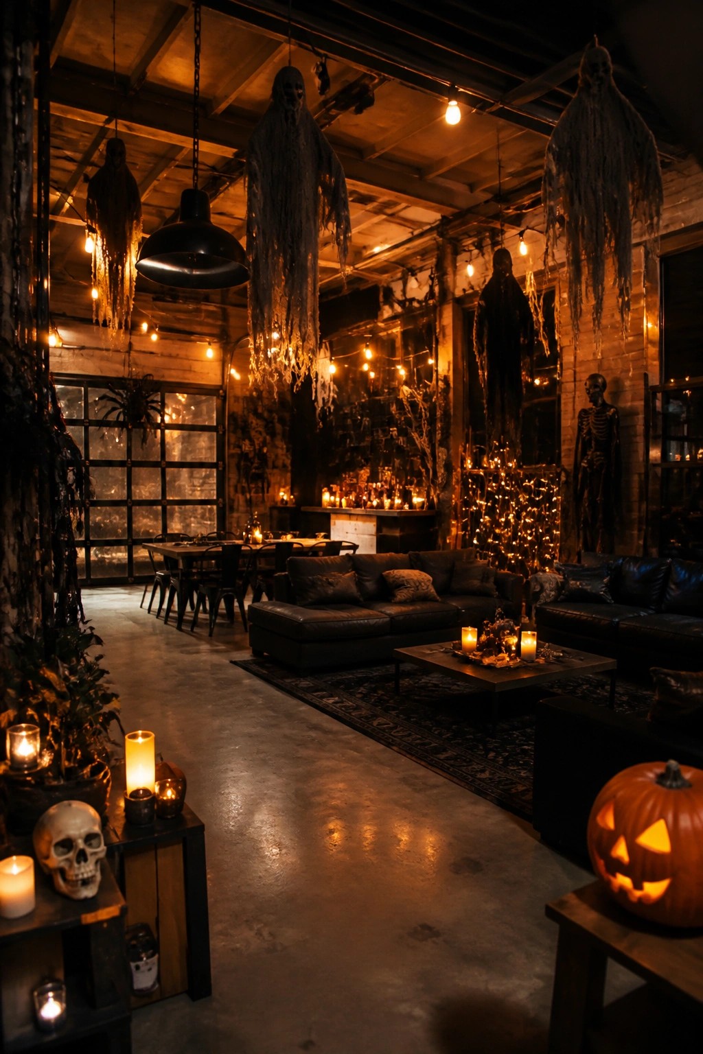 Industrial garage space with multiple hanging ghost figures suspended from the ceiling, skeletons on the walls, black leather seating, and glowing jack o lanterns arranged for a Halloween party.