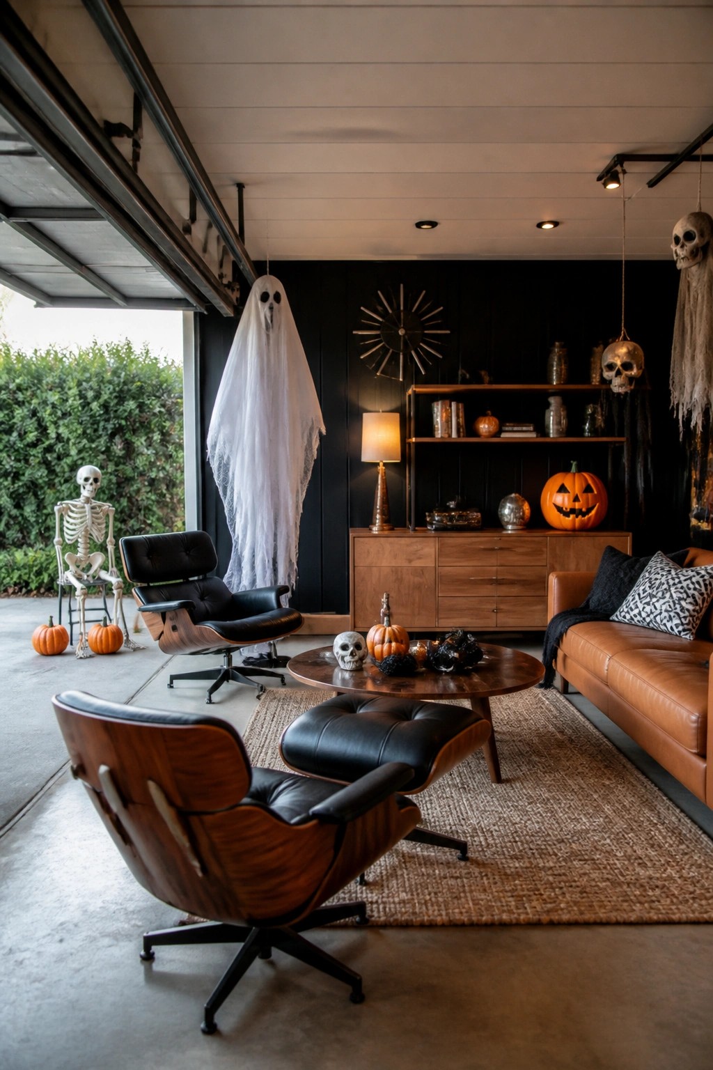 Garage party space with a large white sheet ghost hanging from the ceiling, a skeleton posed in a chair, and several small pumpkins on the floor.